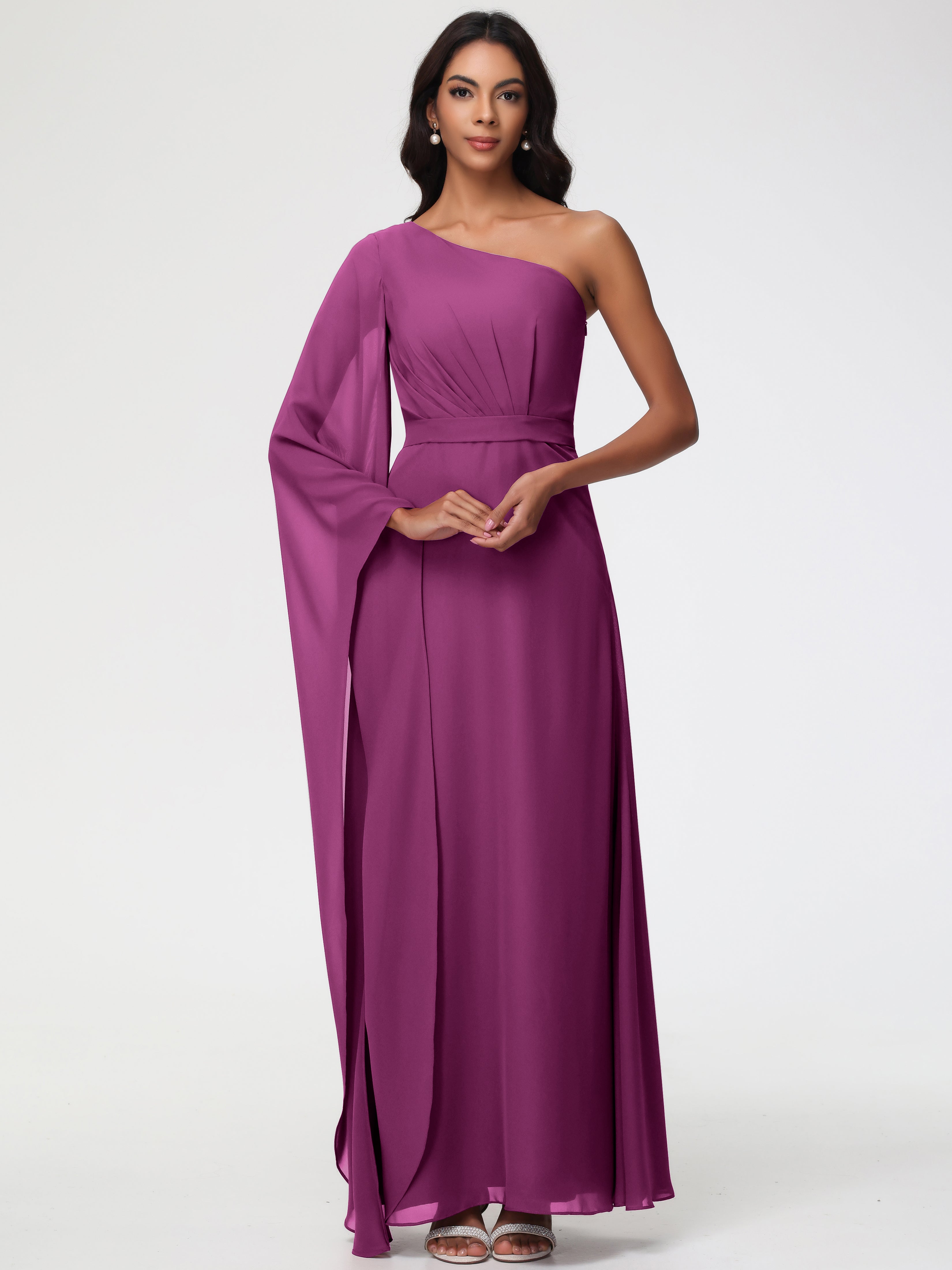 Orchid Bridesmaids Dresses Flowy One Shoulder Long Sleeves Floor Length Chiffon Bridesmaid Dresses Orchid Bridesmaids Dresses Flowy One Shoulder Long Sleeves Floor Length Chiffon Bridesmaid Dresses