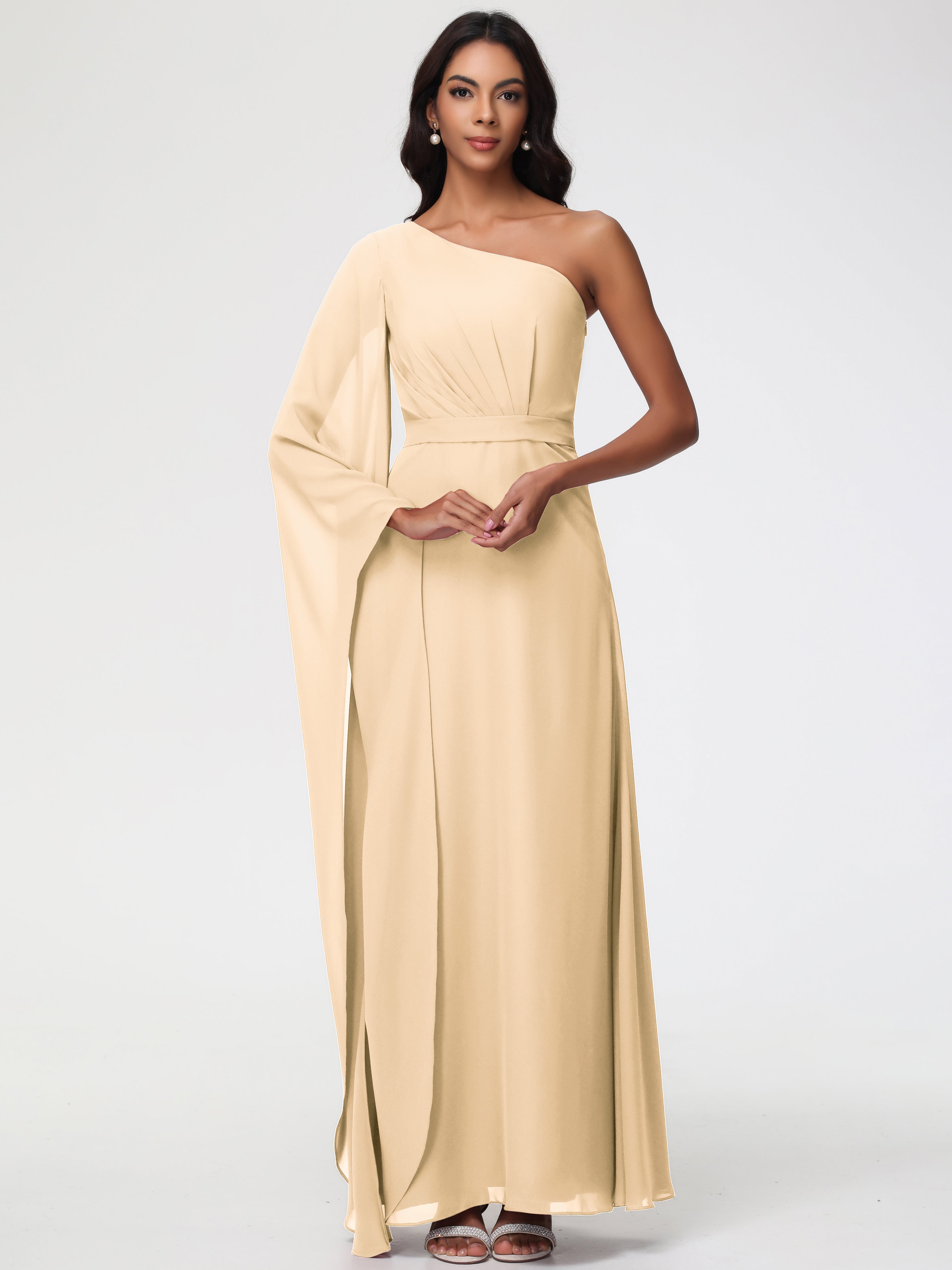 Bridesmaid Dress Peach Flowy One Shoulder Long Sleeves Floor Length Chiffon Bridesmaid Dresses Bridesmaid Dress Peach Flowy One Shoulder Long Sleeves Floor Length Chiffon Bridesmaid Dresses