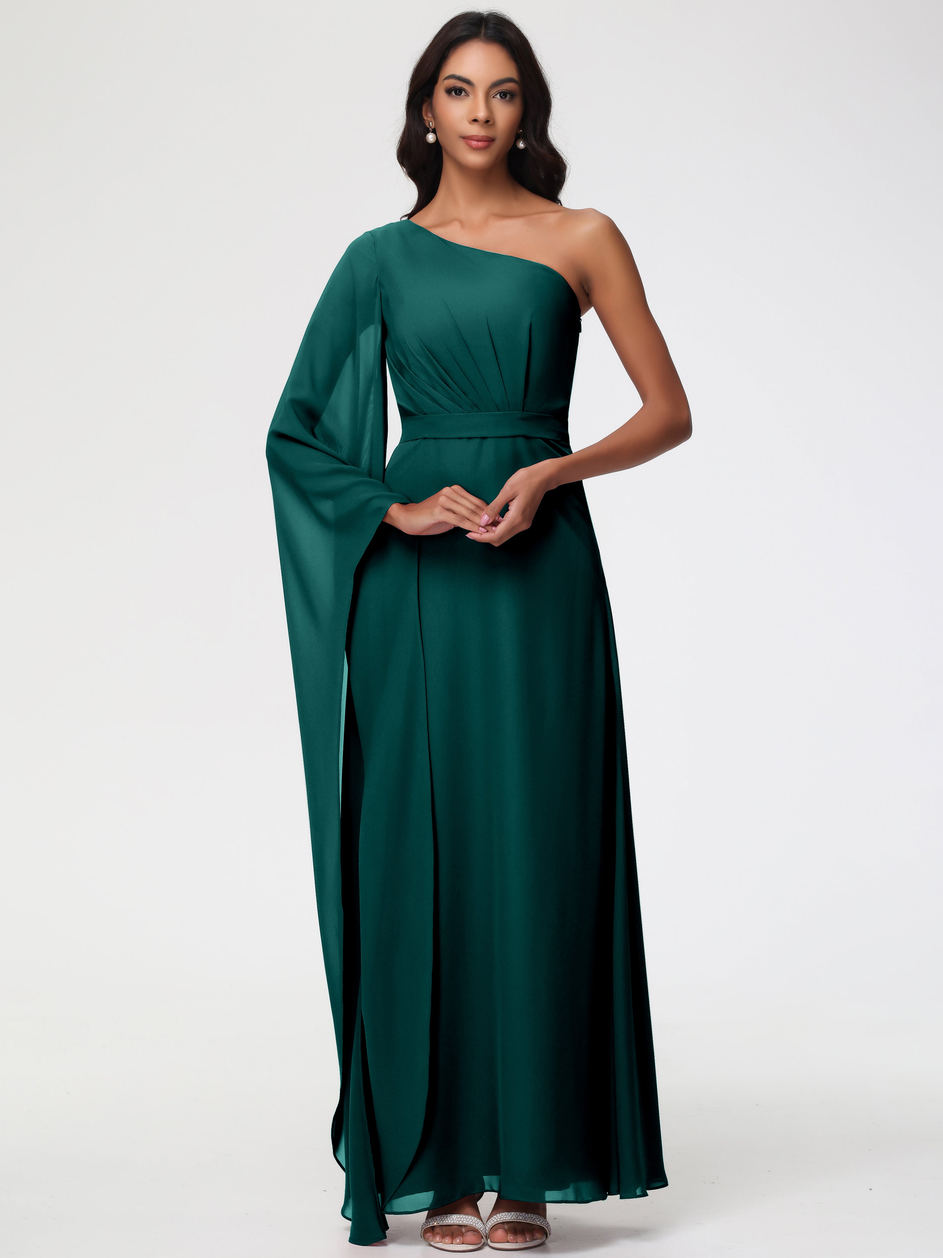 Peacock Green Bridesmaid Dresses Flowy One Shoulder Long Sleeves Floor Length Chiffon Bridesmaid Dresses Peacock Green Bridesmaid Dresses Flowy One Shoulder Long Sleeves Floor Length Chiffon Bridesmaid Dresses