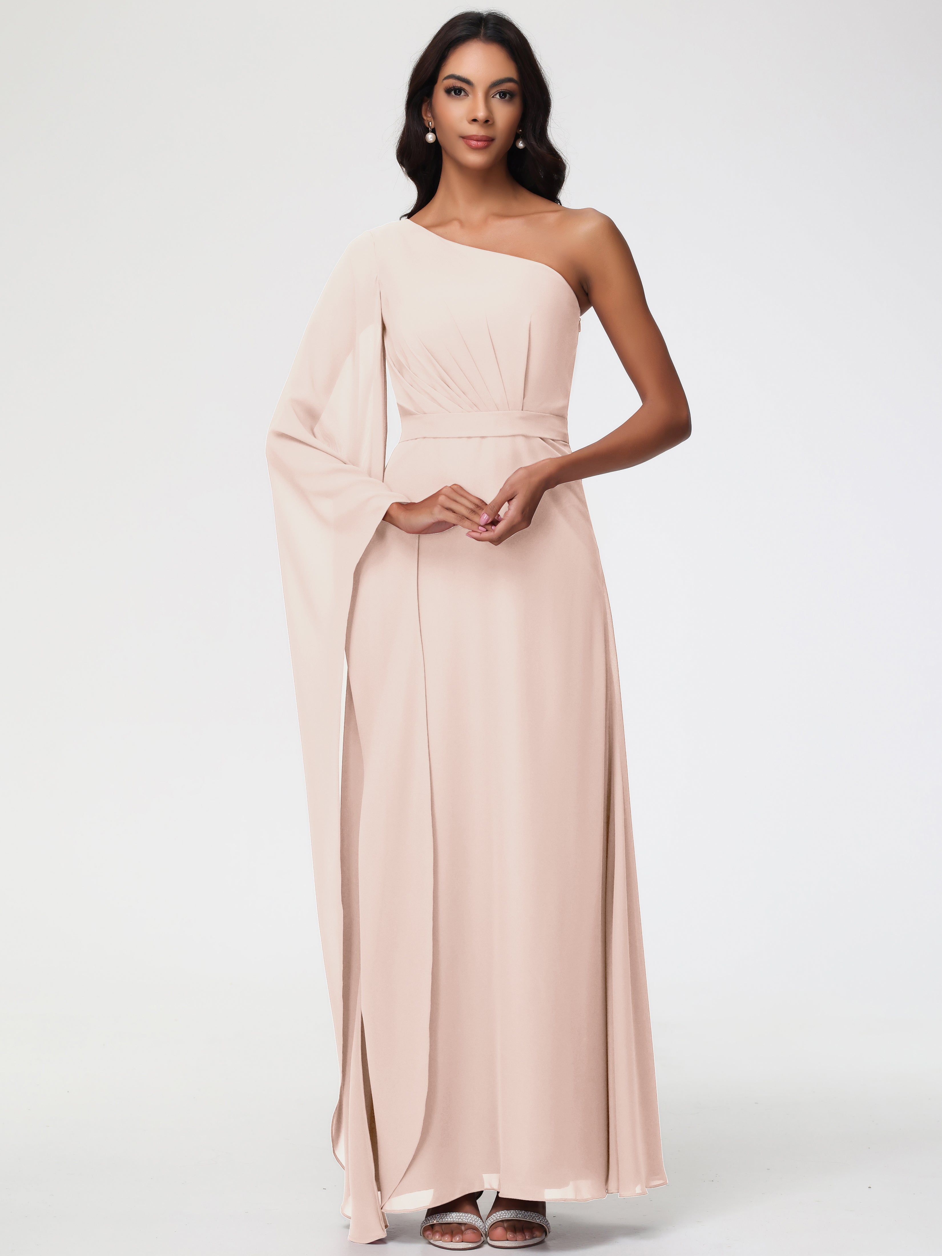 Blush Pearl Bridesmaid Dress Flowy One Shoulder Long Sleeves Floor Length Chiffon Bridesmaid Dresses