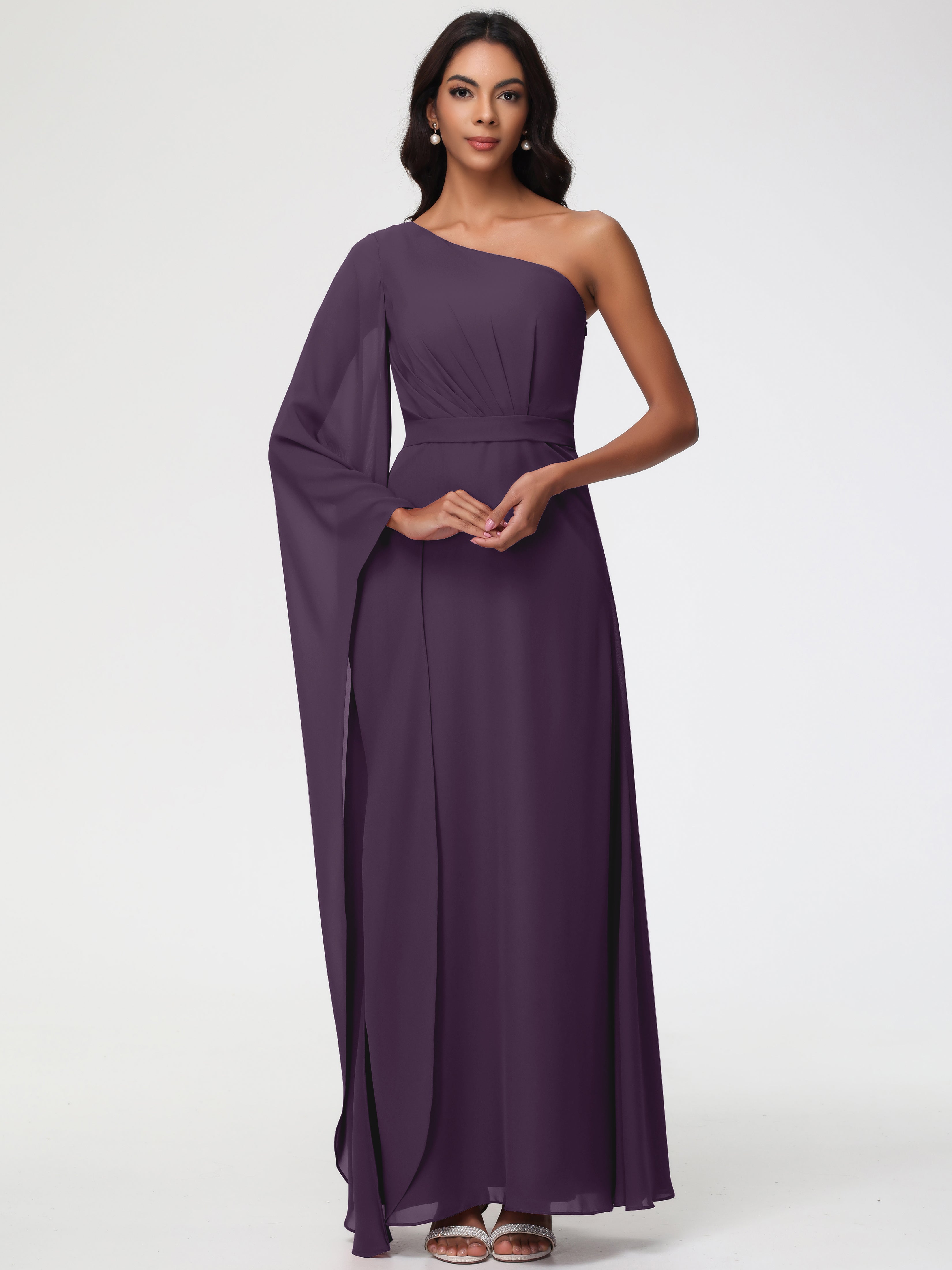 Deep Plum Bridesmaid Dresses Flowy One Shoulder Long Sleeves Floor Length Chiffon Bridesmaid Dresses Deep Plum Bridesmaid Dresses Flowy One Shoulder Long Sleeves Floor Length Chiffon Bridesmaid Dresses