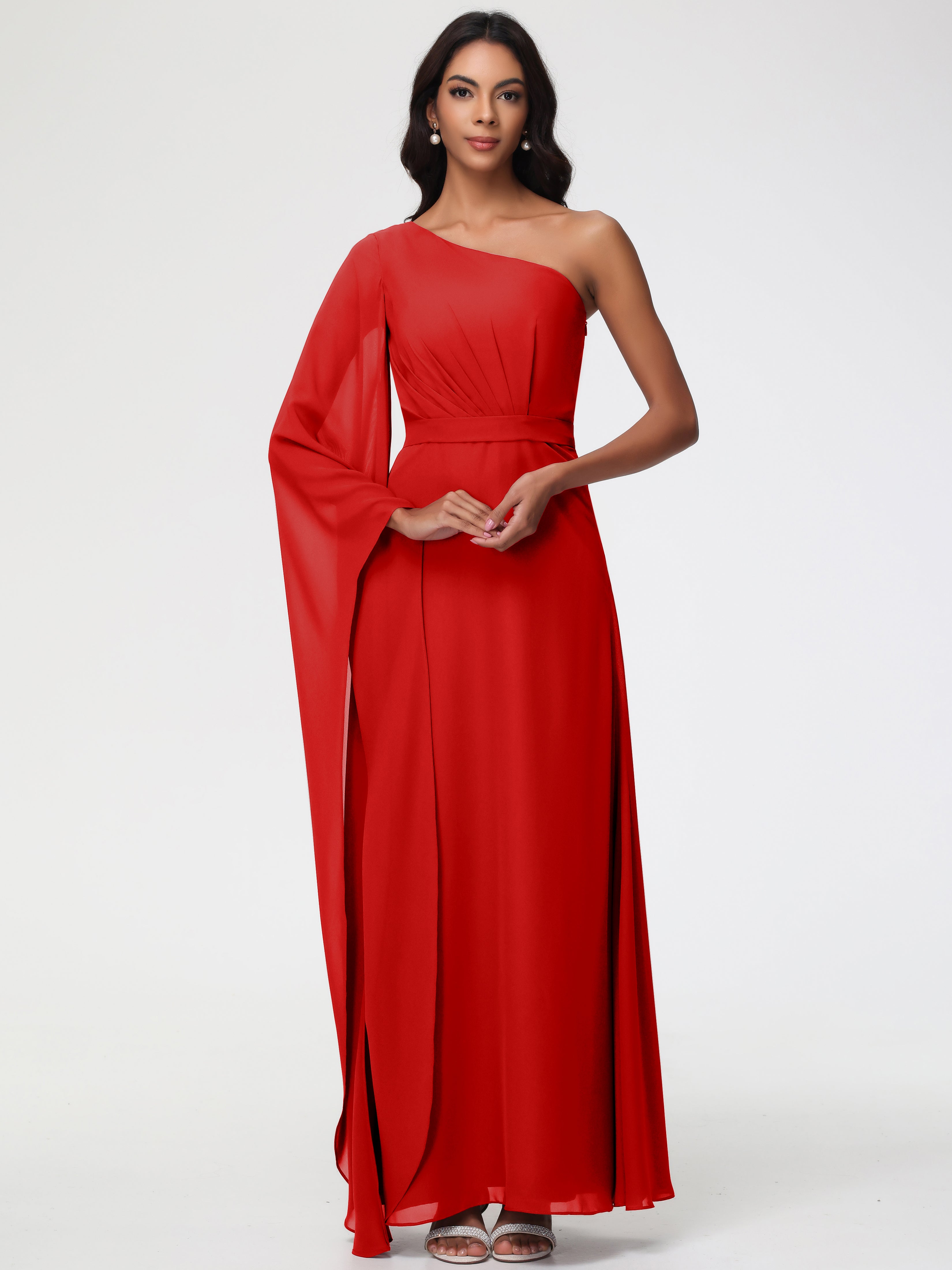 Red Dress Bridesmaid Flowy One Shoulder Long Sleeves Floor Length Chiffon Bridesmaid Dresses Red Dress Bridesmaid Flowy One Shoulder Long Sleeves Floor Length Chiffon Bridesmaid Dresses