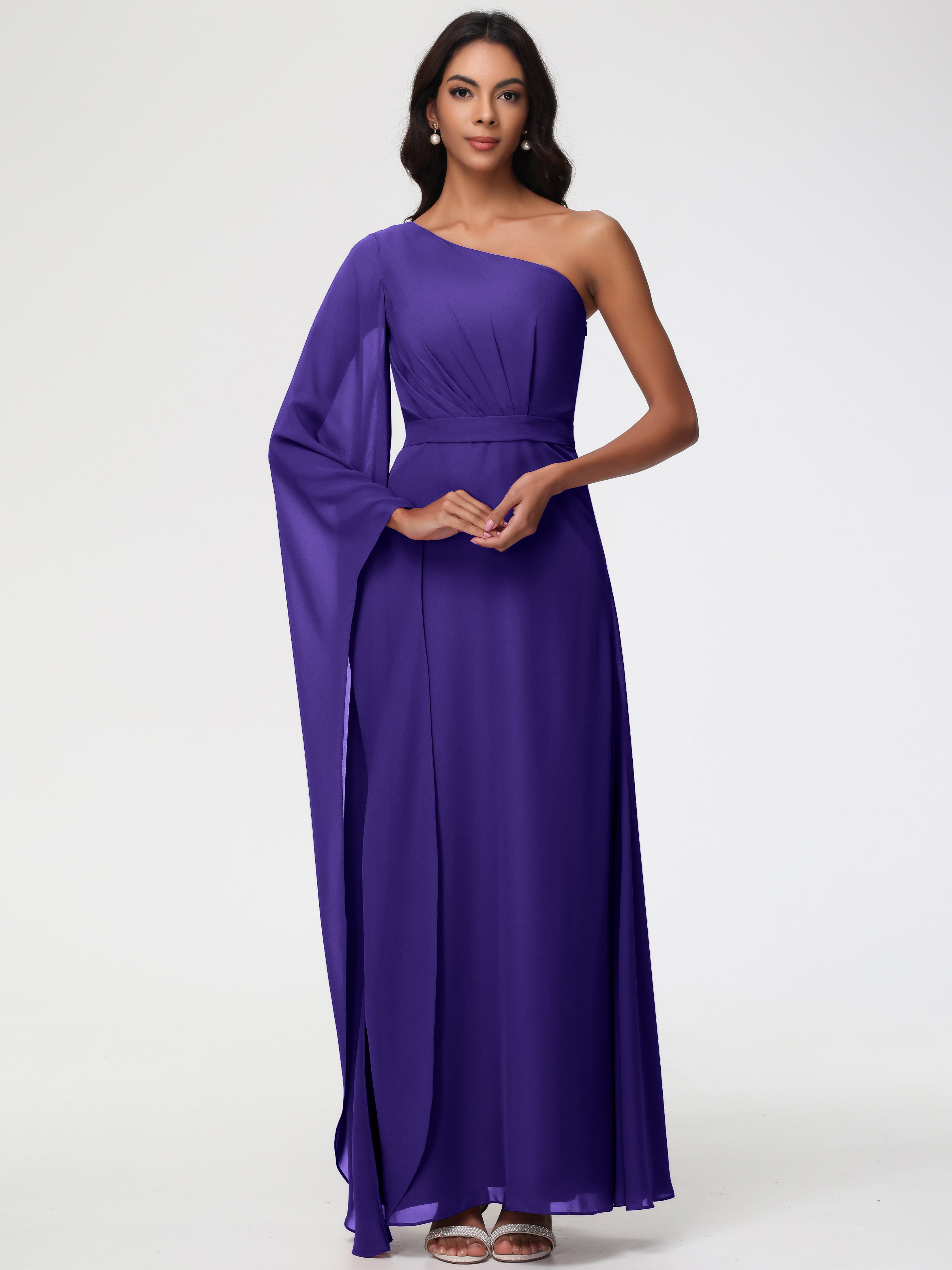 Regency Purple Bridesmaid Dress Flowy One Shoulder Long Sleeves Floor Length Chiffon Bridesmaid Dresses Regency Purple Bridesmaid Dress Flowy One Shoulder Long Sleeves Floor Length Chiffon Bridesmaid Dresses