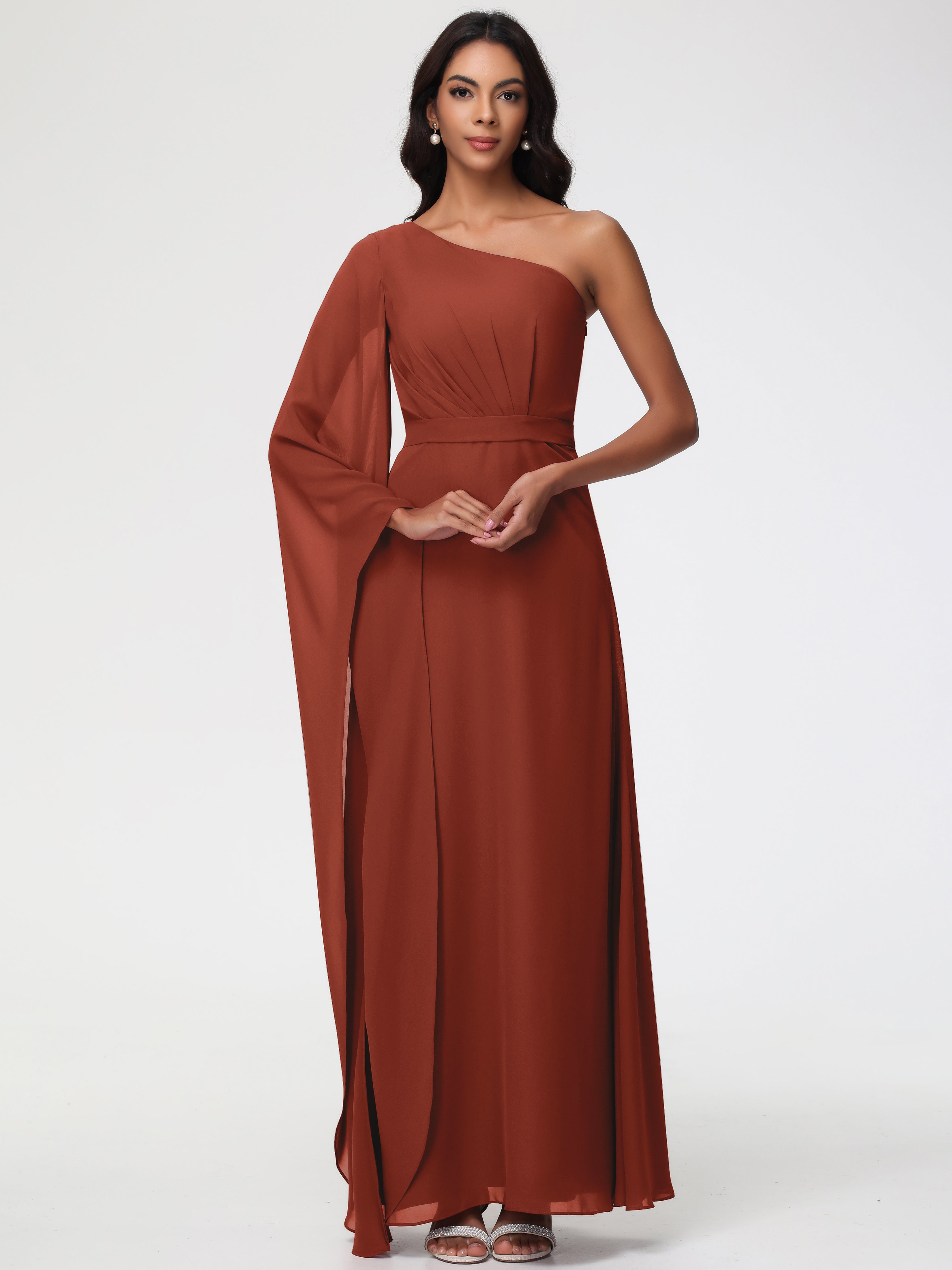 Rust Bridesmaid Dress Flowy One Shoulder Long Sleeves Floor Length Chiffon Bridesmaid Dresses Rust Bridesmaid Dress Flowy One Shoulder Long Sleeves Floor Length Chiffon Bridesmaid Dresses