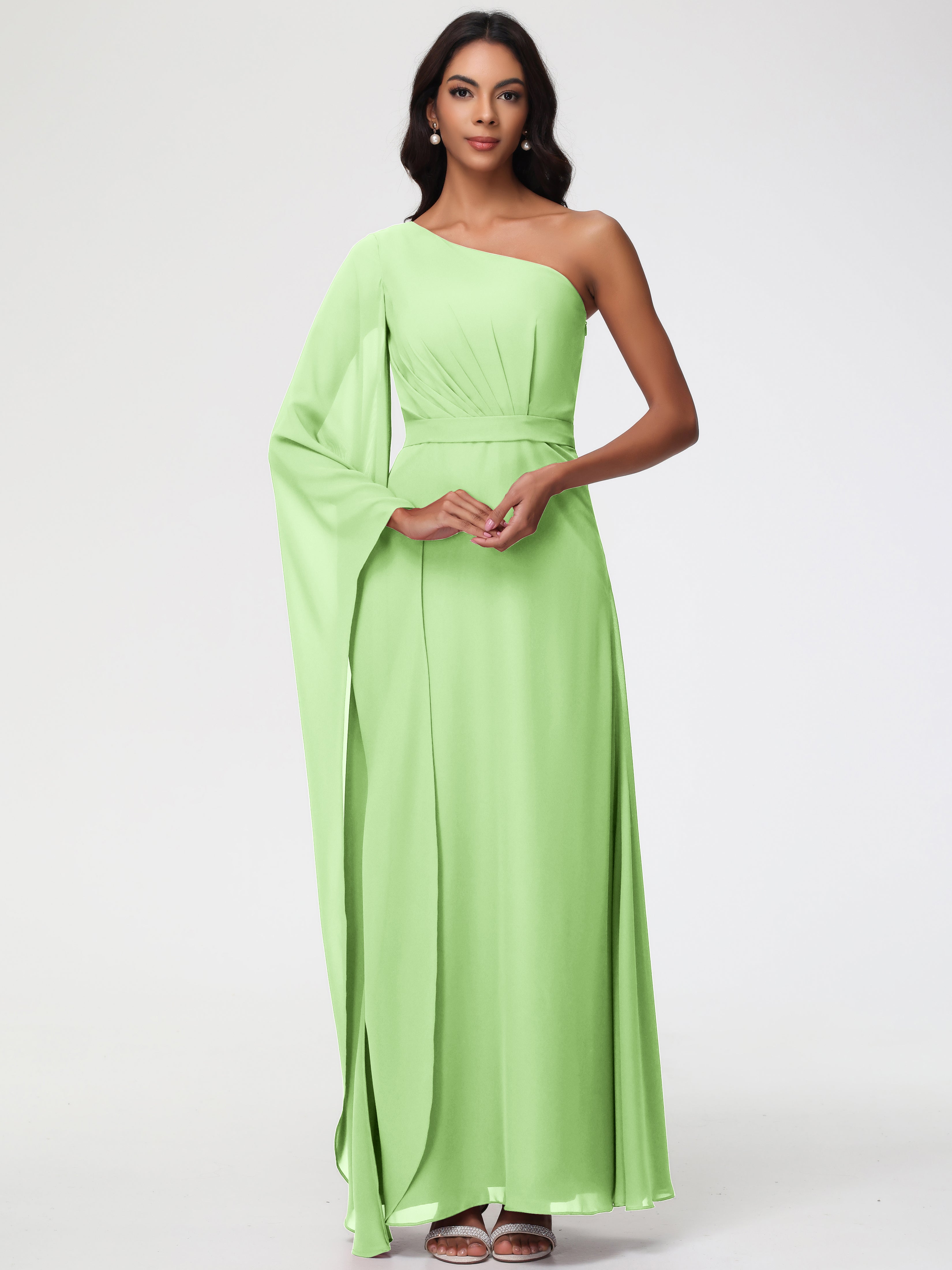 Girls Sage Green Bridesmaid Dress Flowy One Shoulder Long Sleeves Floor Length Chiffon Bridesmaid Dresses Girls Sage Green Bridesmaid Dress Flowy One Shoulder Long Sleeves Floor Length Chiffon Bridesmaid Dresses