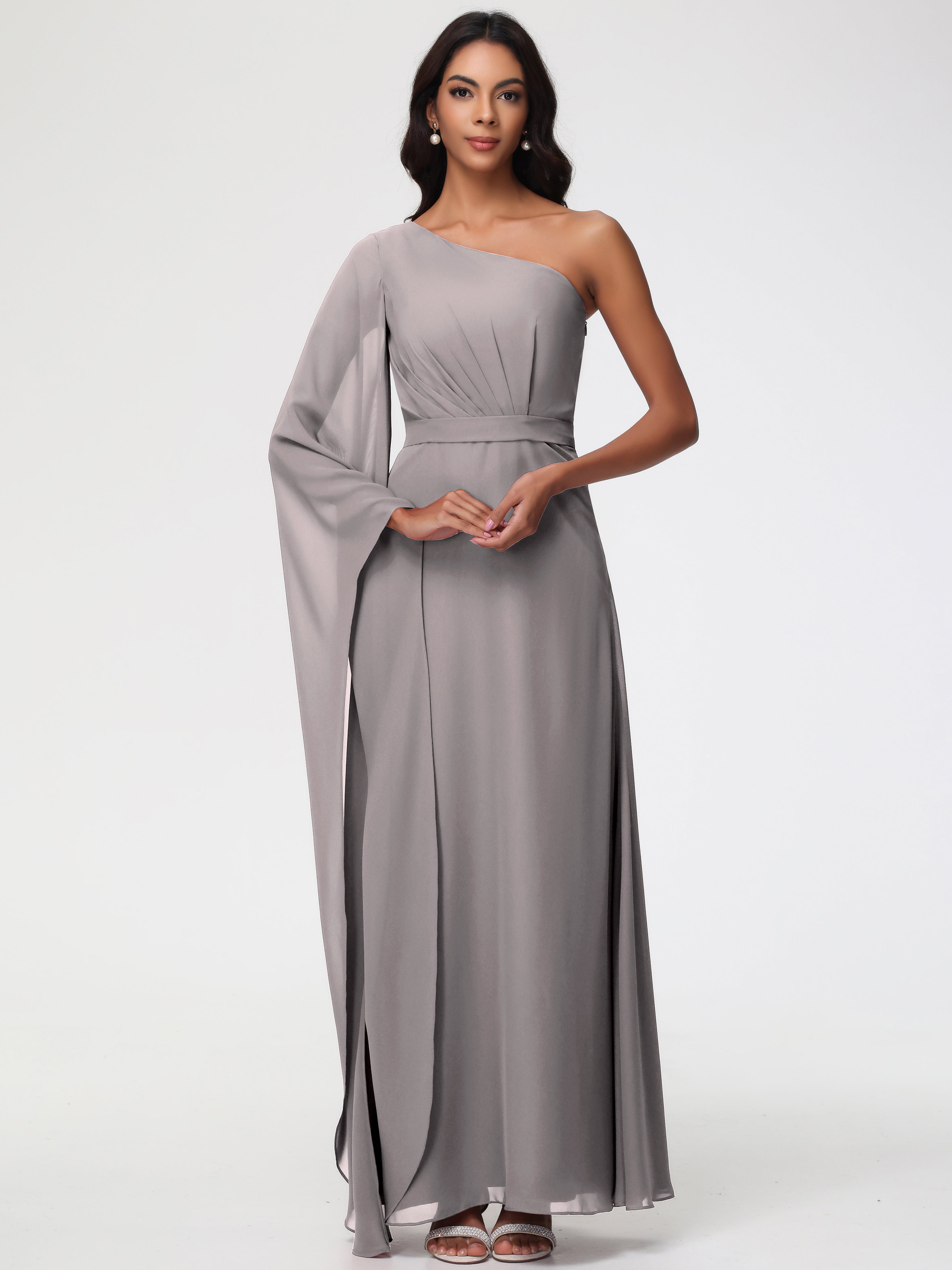 Silver Bridesmaid Flowy One Shoulder Long Sleeves Floor Length Chiffon Bridesmaid Dresses Silver Bridesmaid Flowy One Shoulder Long Sleeves Floor Length Chiffon Bridesmaid Dresses