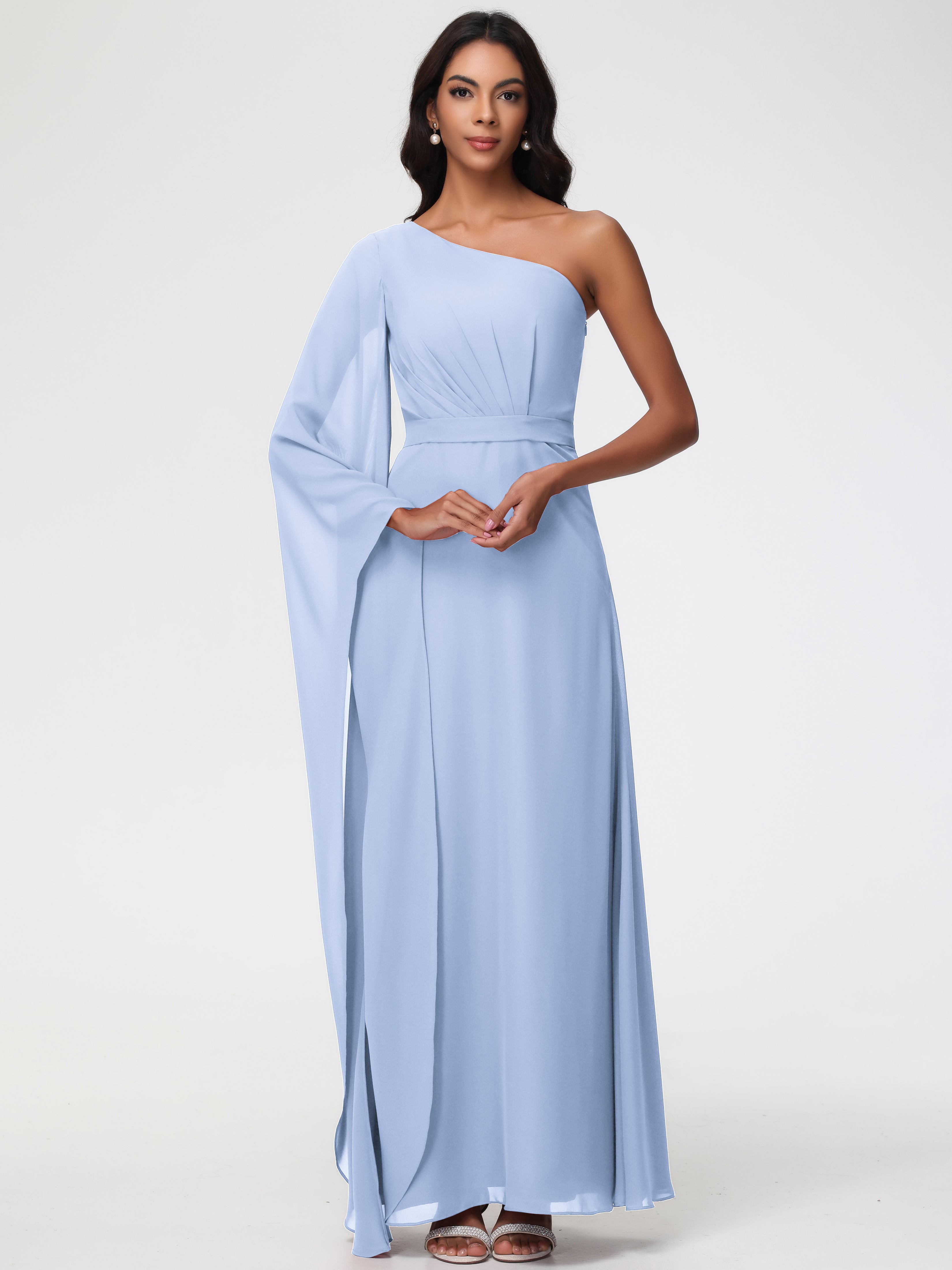 Light Sky Blue Bridesmaid Dresses Flowy One Shoulder Long Sleeves Floo Light Sky Blue Bridesmaid Dresses Flowy One Shoulder Long Sleeves Floo