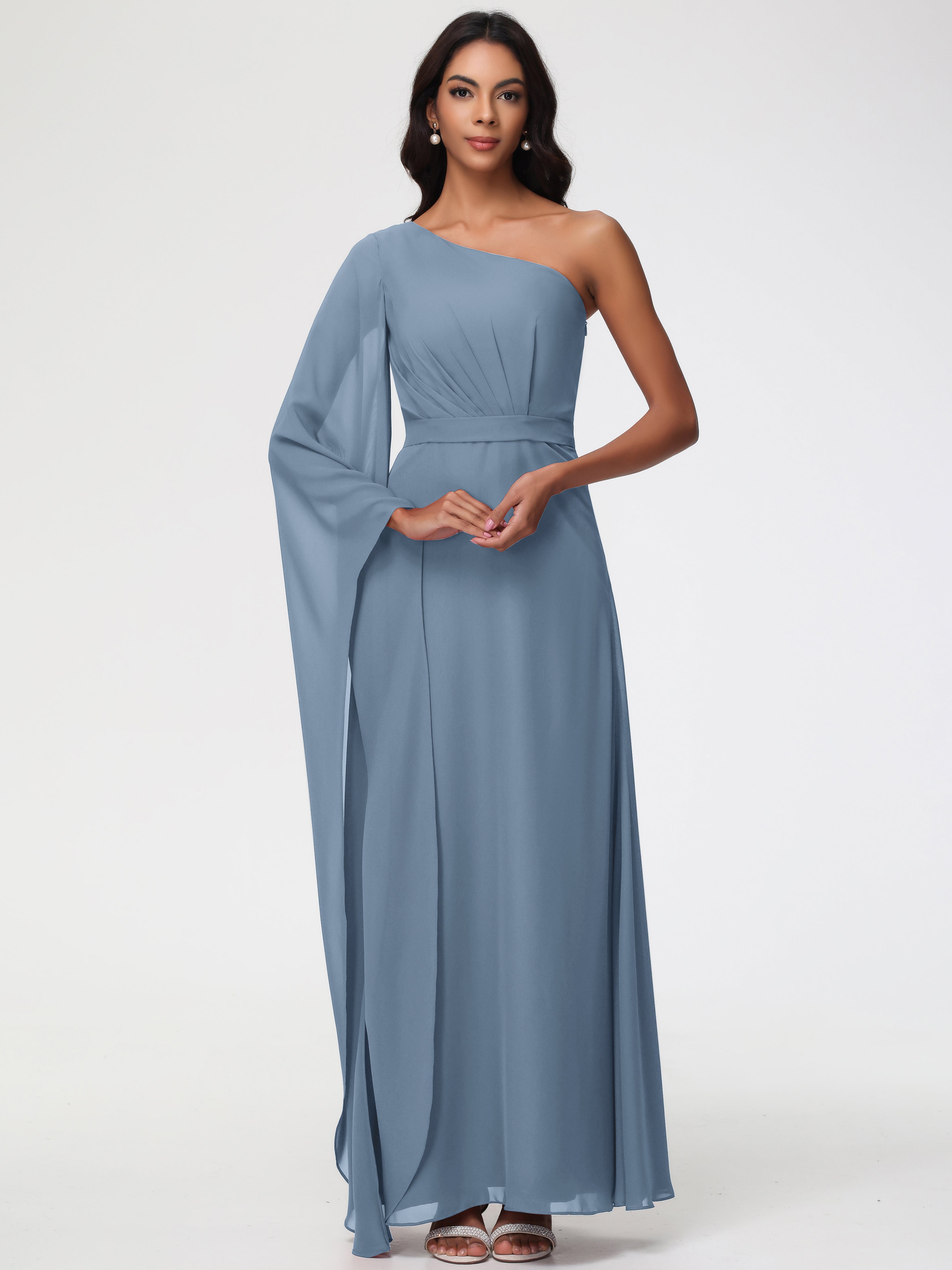 Bridesmaid Slate Blue Dress Flowy One Shoulder Long Sleeves Floor Length Chiffon Bridesmaid Dresses Bridesmaid Slate Blue Dress Flowy One Shoulder Long Sleeves Floor Length Chiffon Bridesmaid Dresses