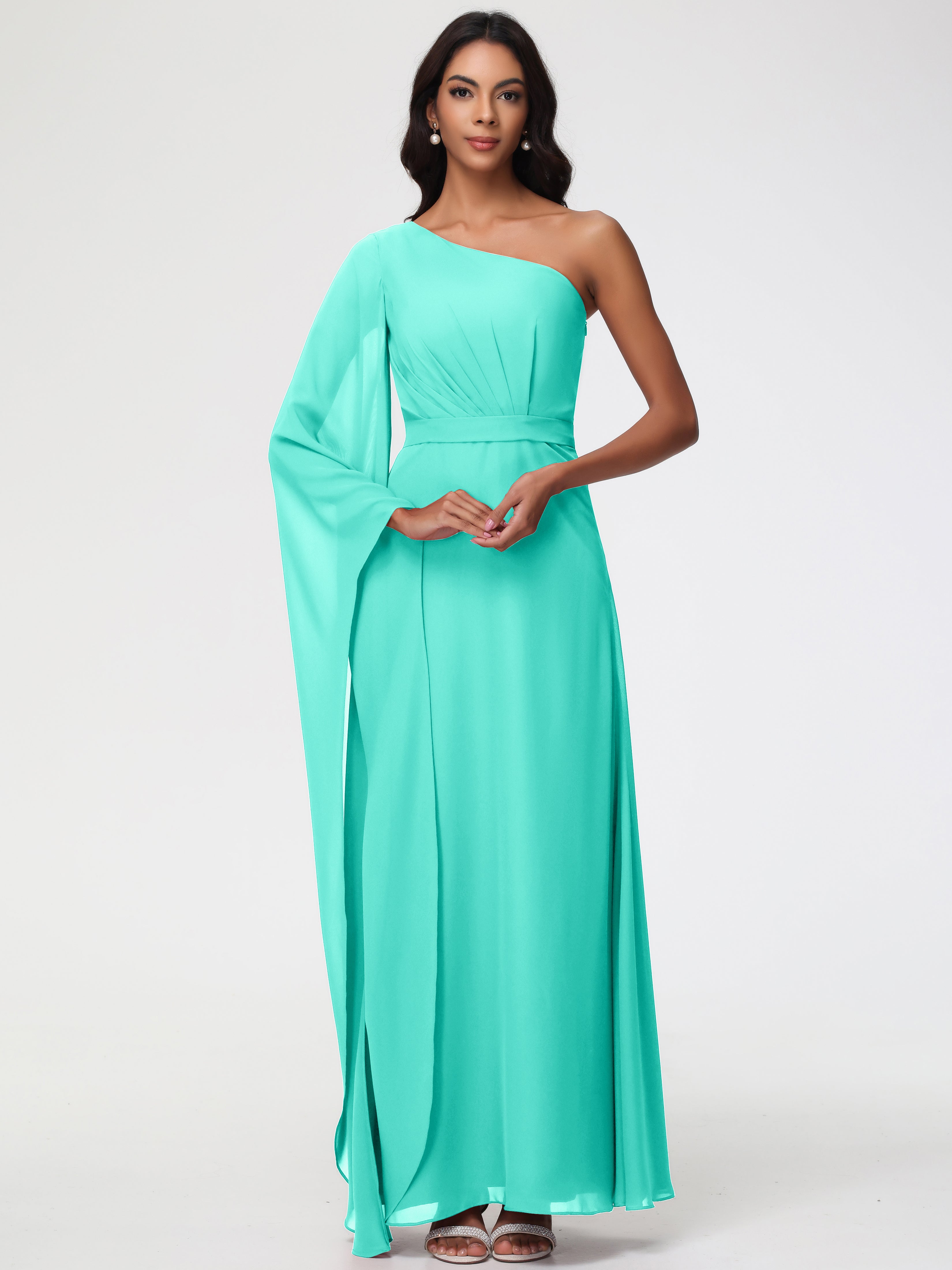 Spa Blue Bridesmaid Dress Flowy One Shoulder Long Sleeves Floor Length Chiffon Bridesmaid Dresses Spa Blue Bridesmaid Dress Flowy One Shoulder Long Sleeves Floor Length Chiffon Bridesmaid Dresses
