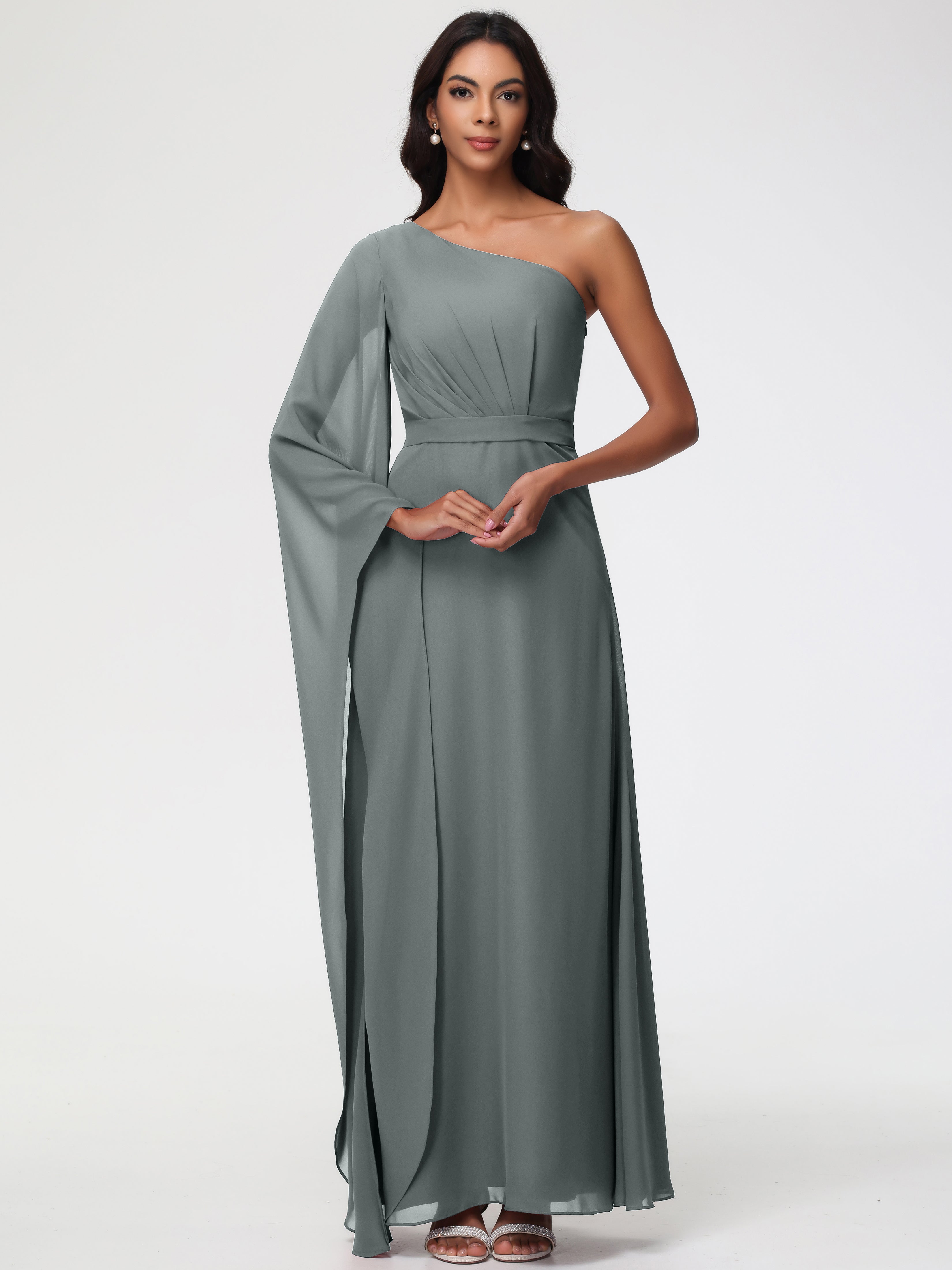 Steel Blue Grey Bridesmaid Dresses Flowy One Shoulder Long Sleeves Floor Length Chiffon Bridesmaid Dresses Steel Blue Grey Bridesmaid Dresses Flowy One Shoulder Long Sleeves Floor Length Chiffon Bridesmaid Dresses