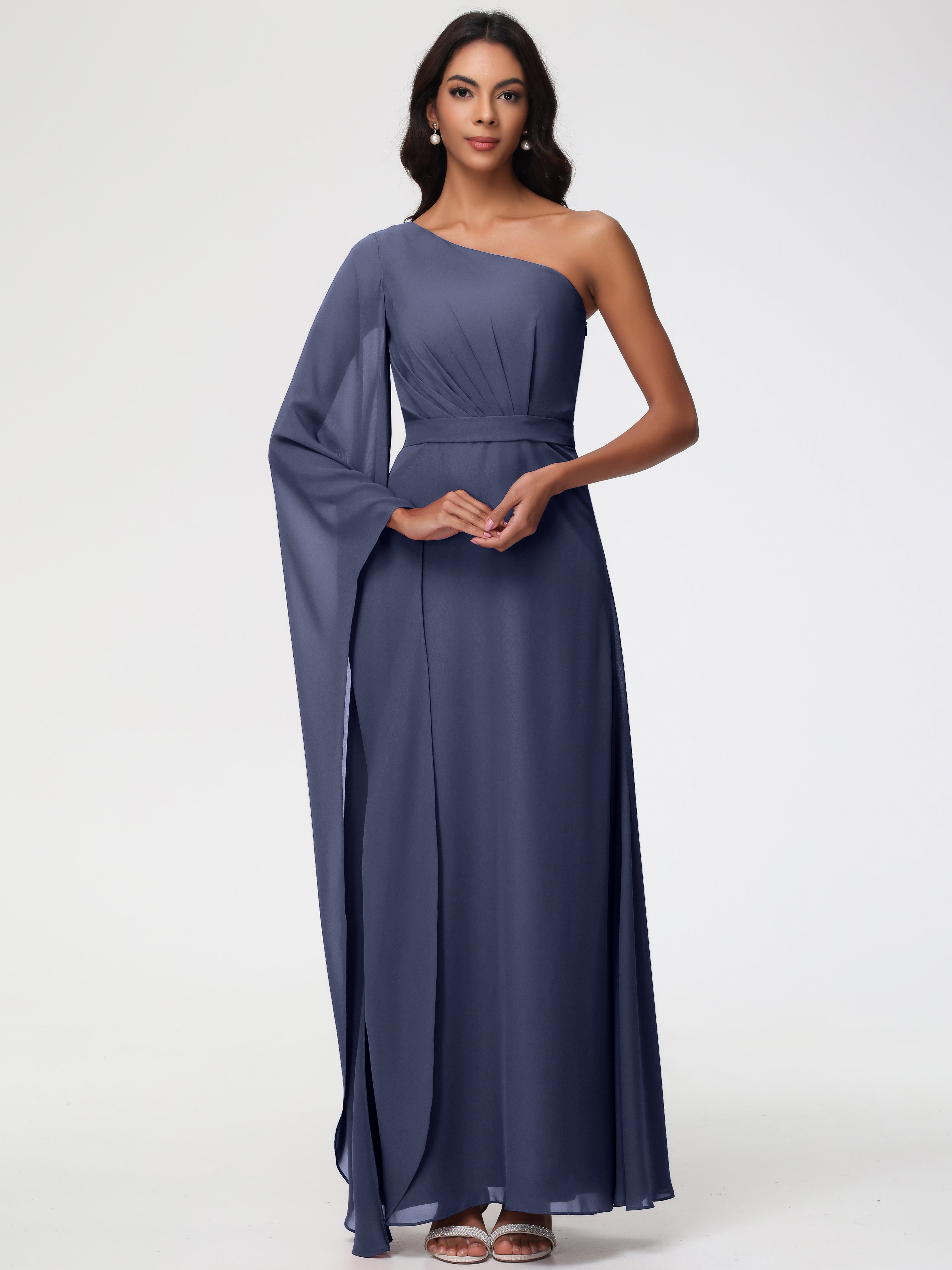 Stormy Blue Bridesmaid Dresses Flowy One Shoulder Long Sleeves Floor Length Chiffon Bridesmaid Dresses Stormy Blue Bridesmaid Dresses Flowy One Shoulder Long Sleeves Floor Length Chiffon Bridesmaid Dresses