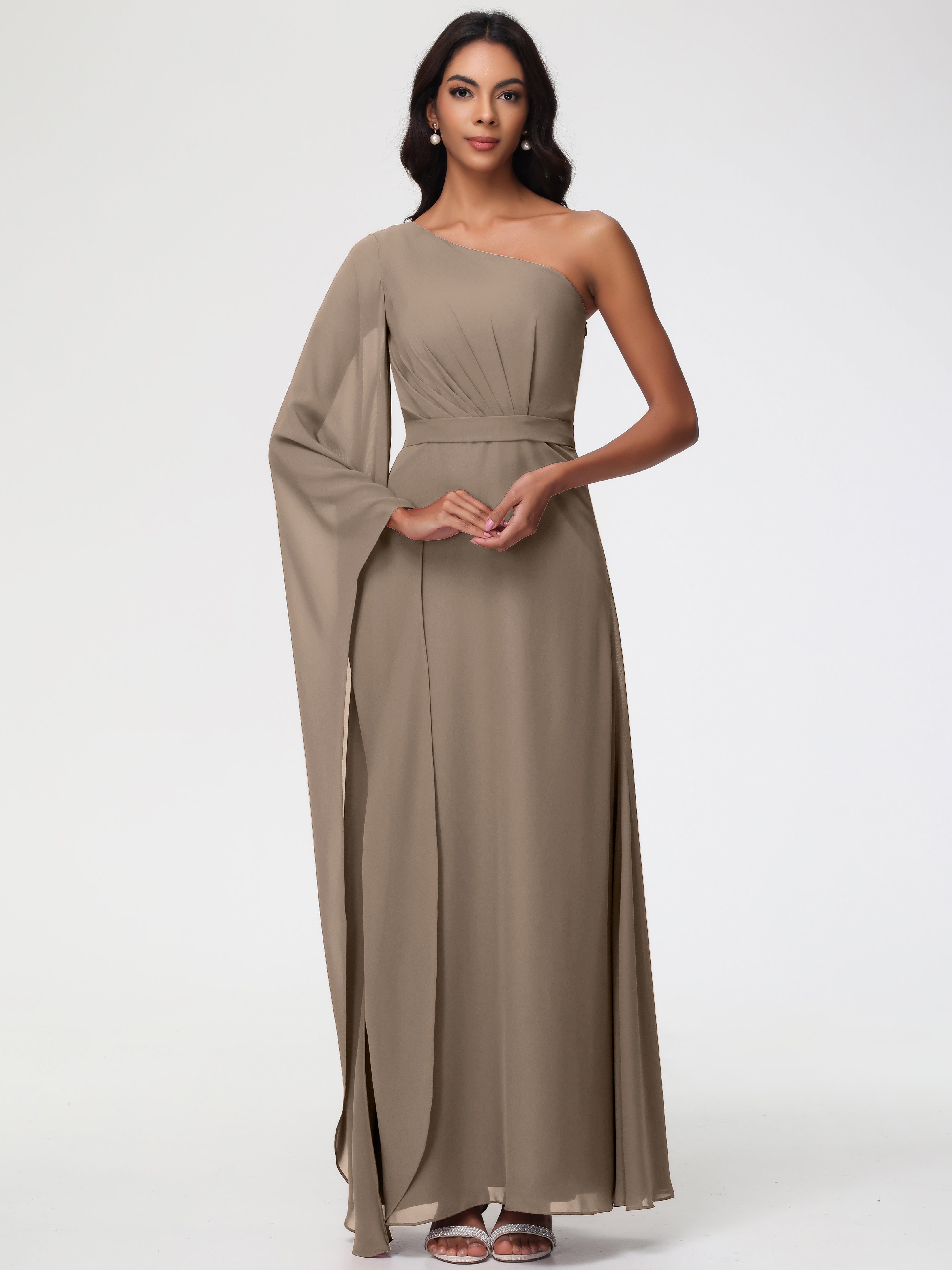 knee length dresses for ladies Dark Taupe Bridesmaid Dresses Flowy One Shoulder Long Sleeves Floor Length Chiffon Bridesmaid Dresses knee length dresses for ladies Dark Taupe Bridesmaid Dresses Flowy One Shoulder Long Sleeves Floor Length Chiffon Bridesmaid Dresses