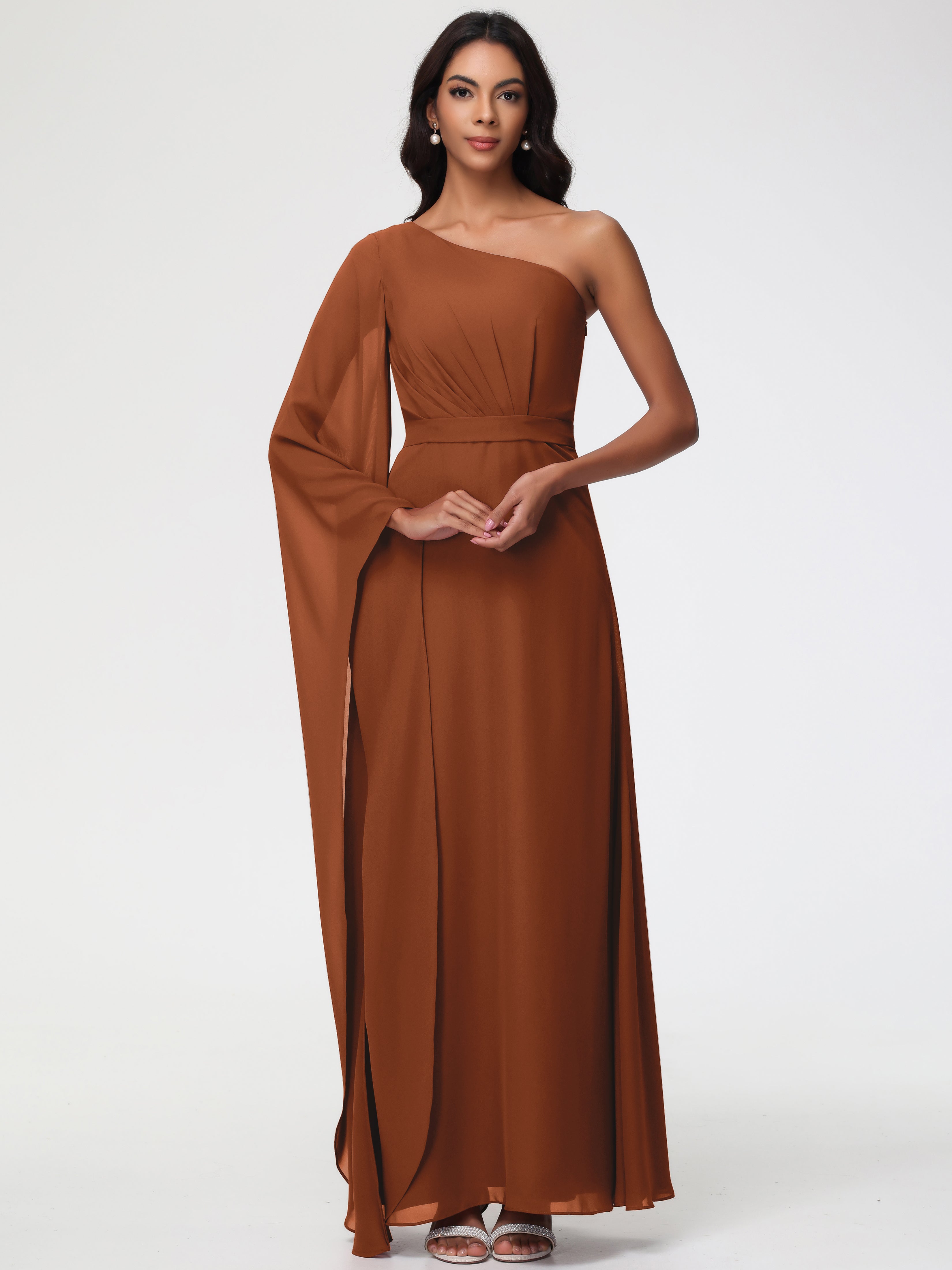 Bridesmaid Terracotta Color Dress Flowy One Shoulder Long Sleeves Floor Length Chiffon Bridesmaid Dresses Bridesmaid Terracotta Color Dress Flowy One Shoulder Long Sleeves Floor Length Chiffon Bridesmaid Dresses