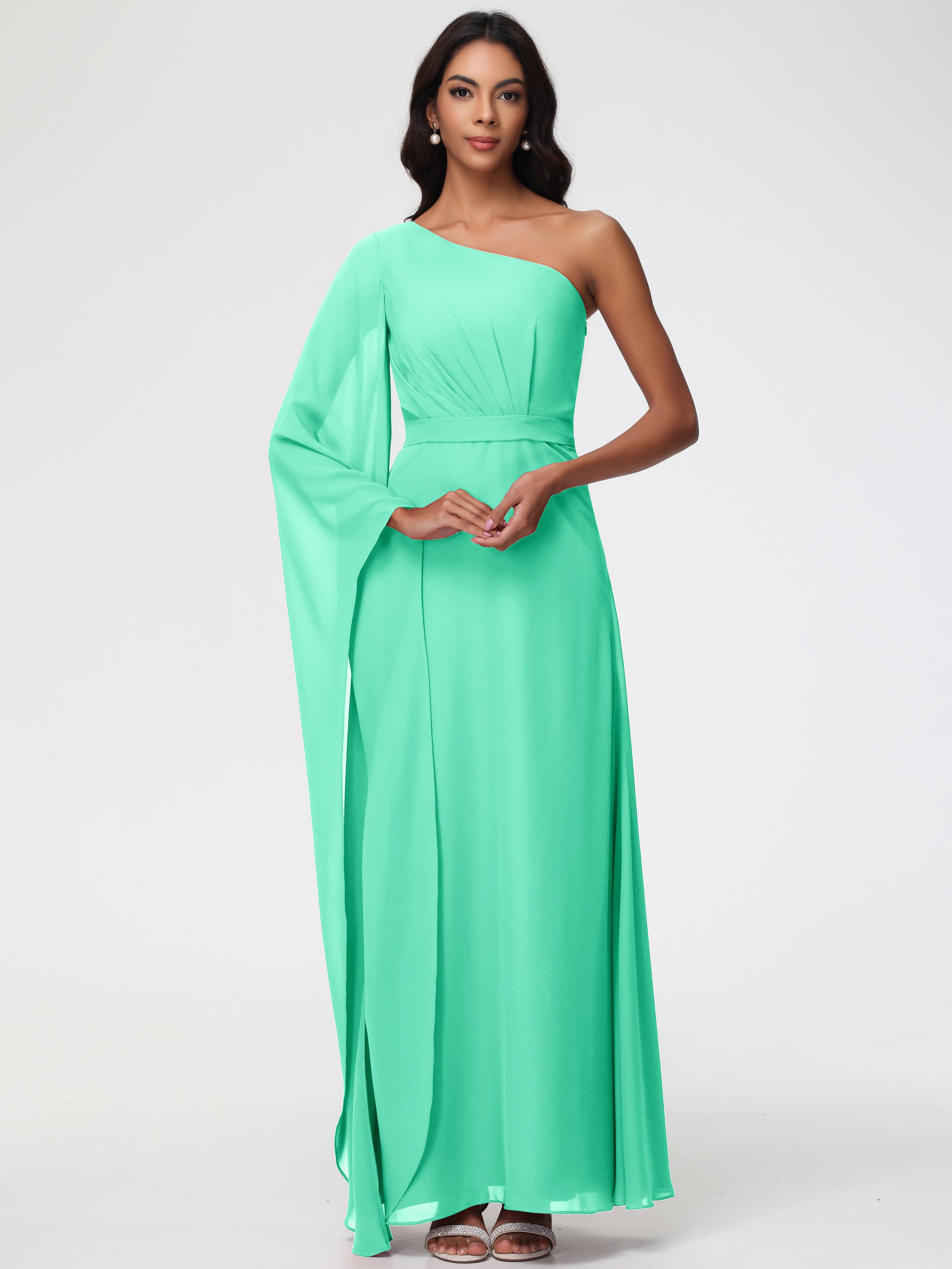 Turquoise Bridesmaids Dresses Flowy One Shoulder Long Sleeves Floor Length Chiffon Bridesmaid Dresses Turquoise Bridesmaids Dresses Flowy One Shoulder Long Sleeves Floor Length Chiffon Bridesmaid Dresses