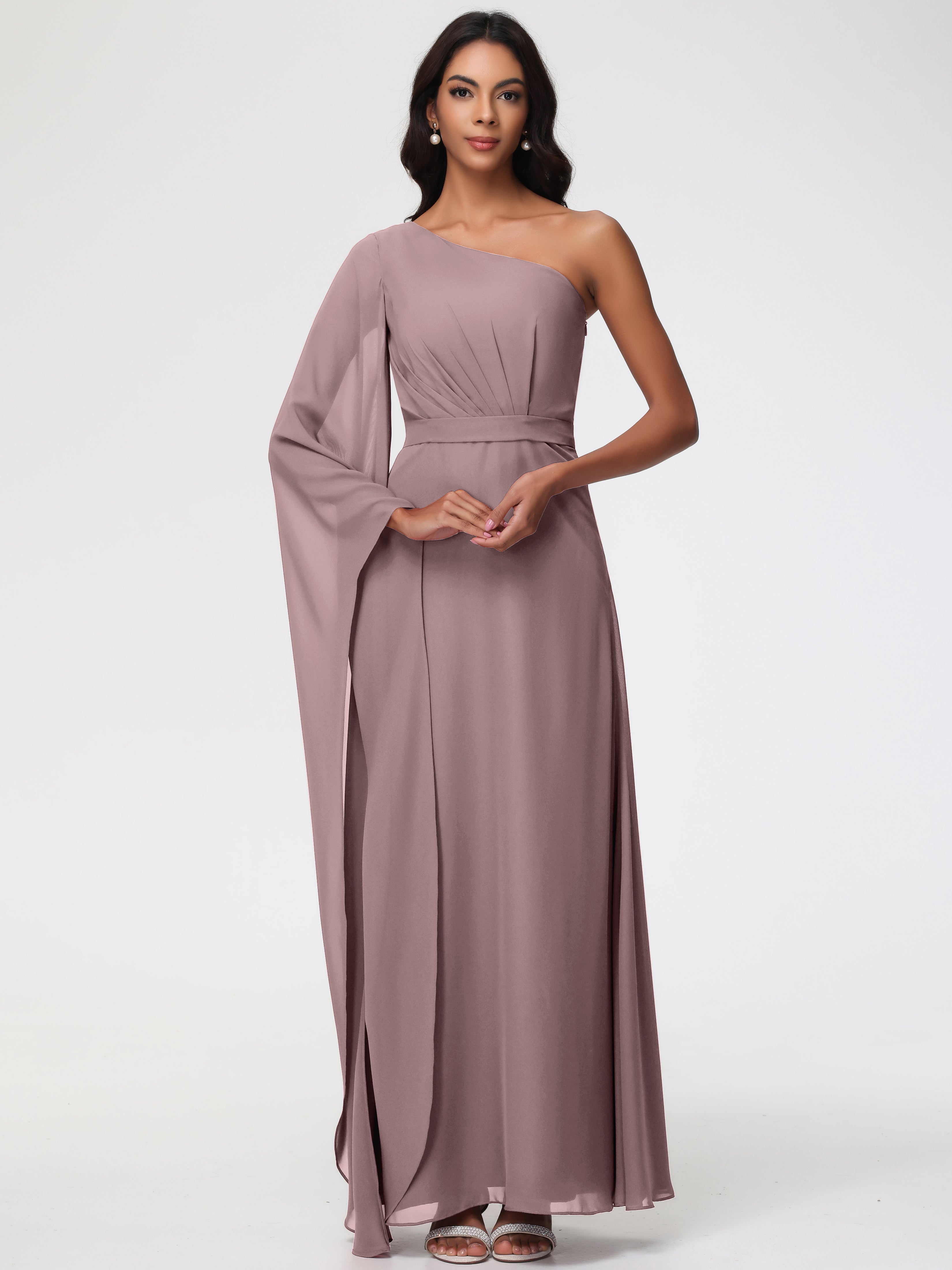 Vintage Purple Bridesmaid Dress Flowy One Shoulder Long Sleeves Floor Length Chiffon Bridesmaid Dresses Vintage Purple Bridesmaid Dress Flowy One Shoulder Long Sleeves Floor Length Chiffon Bridesmaid Dresses