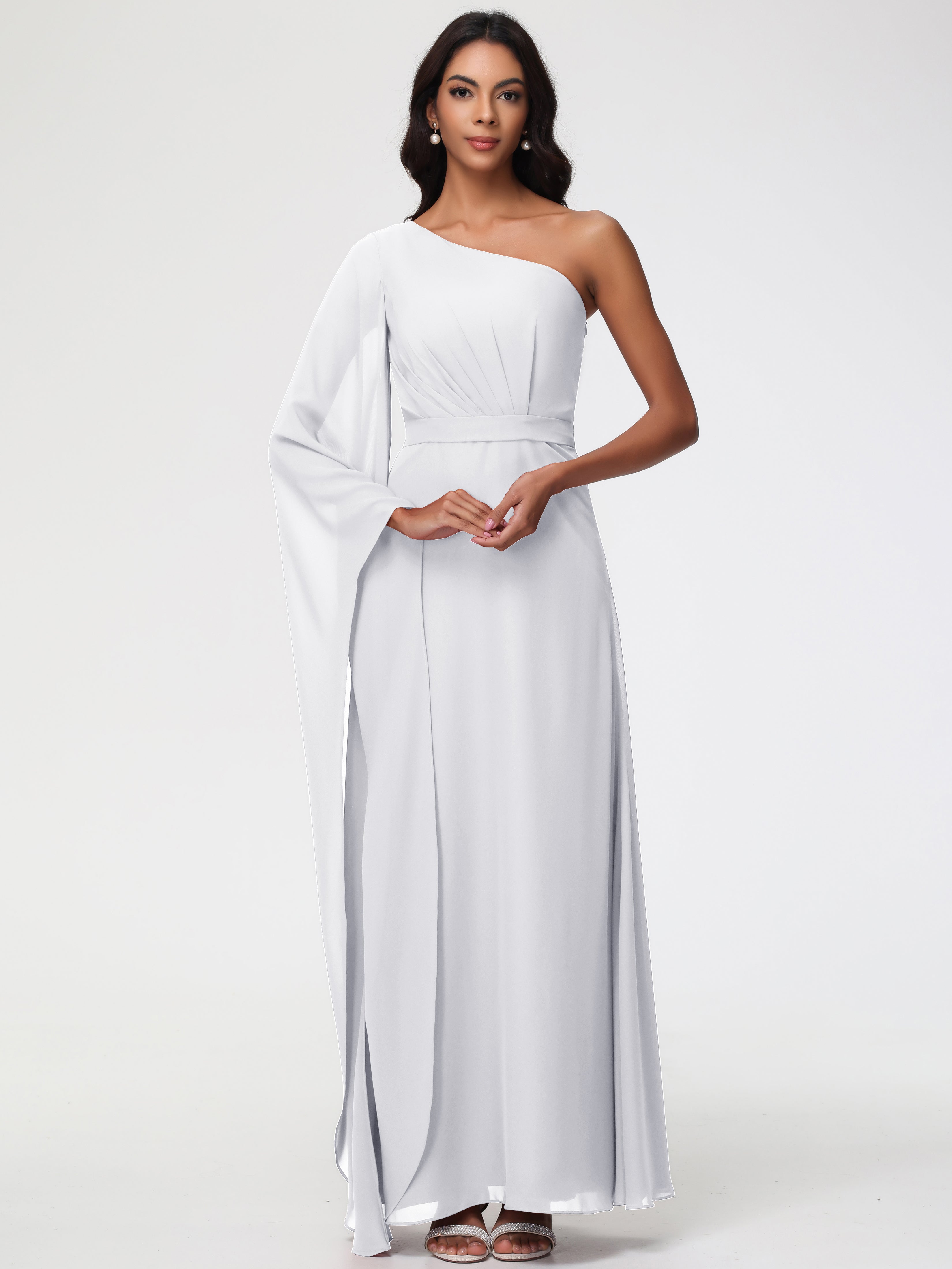 White Bridesmaid Shoes Flowy One Shoulder Long Sleeves Floor Length Chiffon Bridesmaid Dresses White Bridesmaid Shoes Flowy One Shoulder Long Sleeves Floor Length Chiffon Bridesmaid Dresses