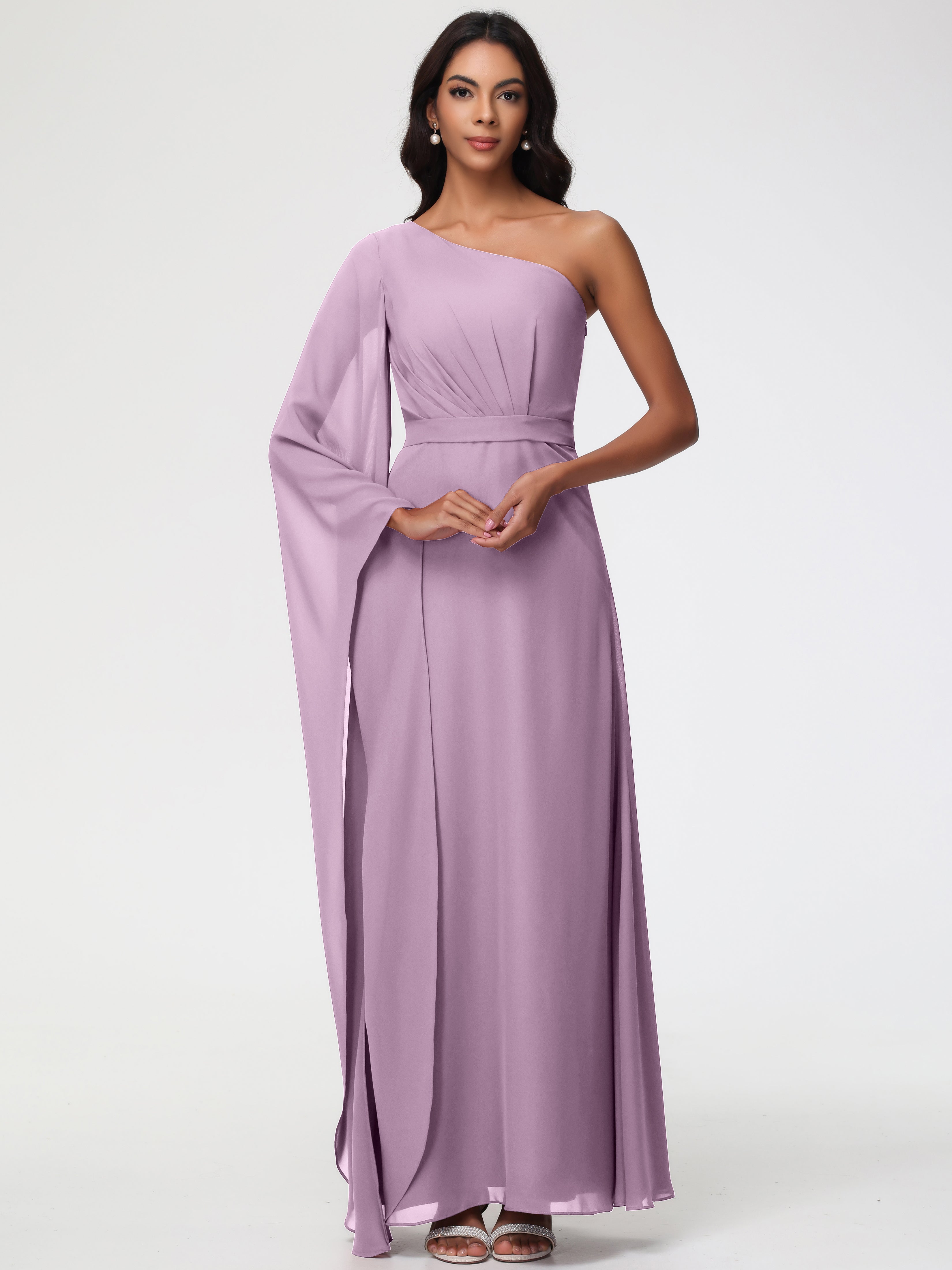 Bridesmaid Dress Wisteria Flowy One Shoulder Long Sleeves Floor Length Chiffon Bridesmaid Dresses Bridesmaid Dress Wisteria Flowy One Shoulder Long Sleeves Floor Length Chiffon Bridesmaid Dresses