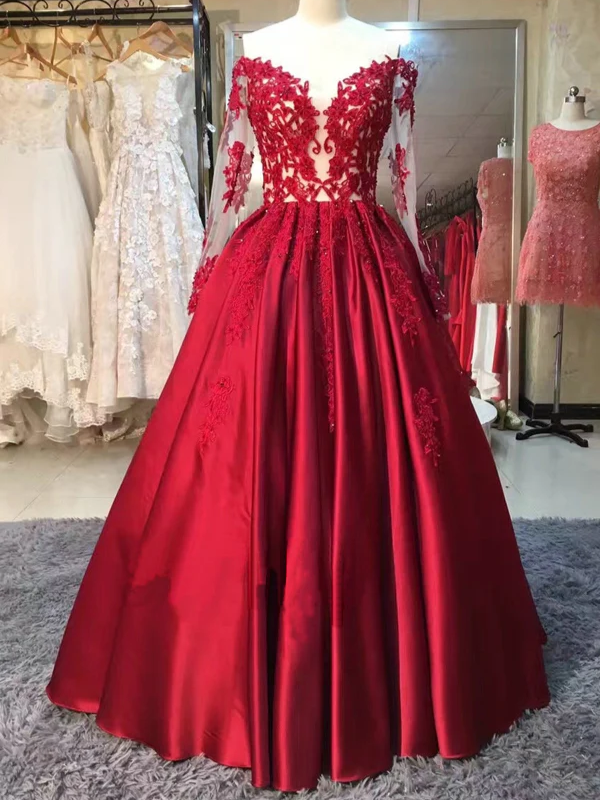 red lace illusion dress Half Sleeve Beaded Illusion Red Lace Long Prom Gown