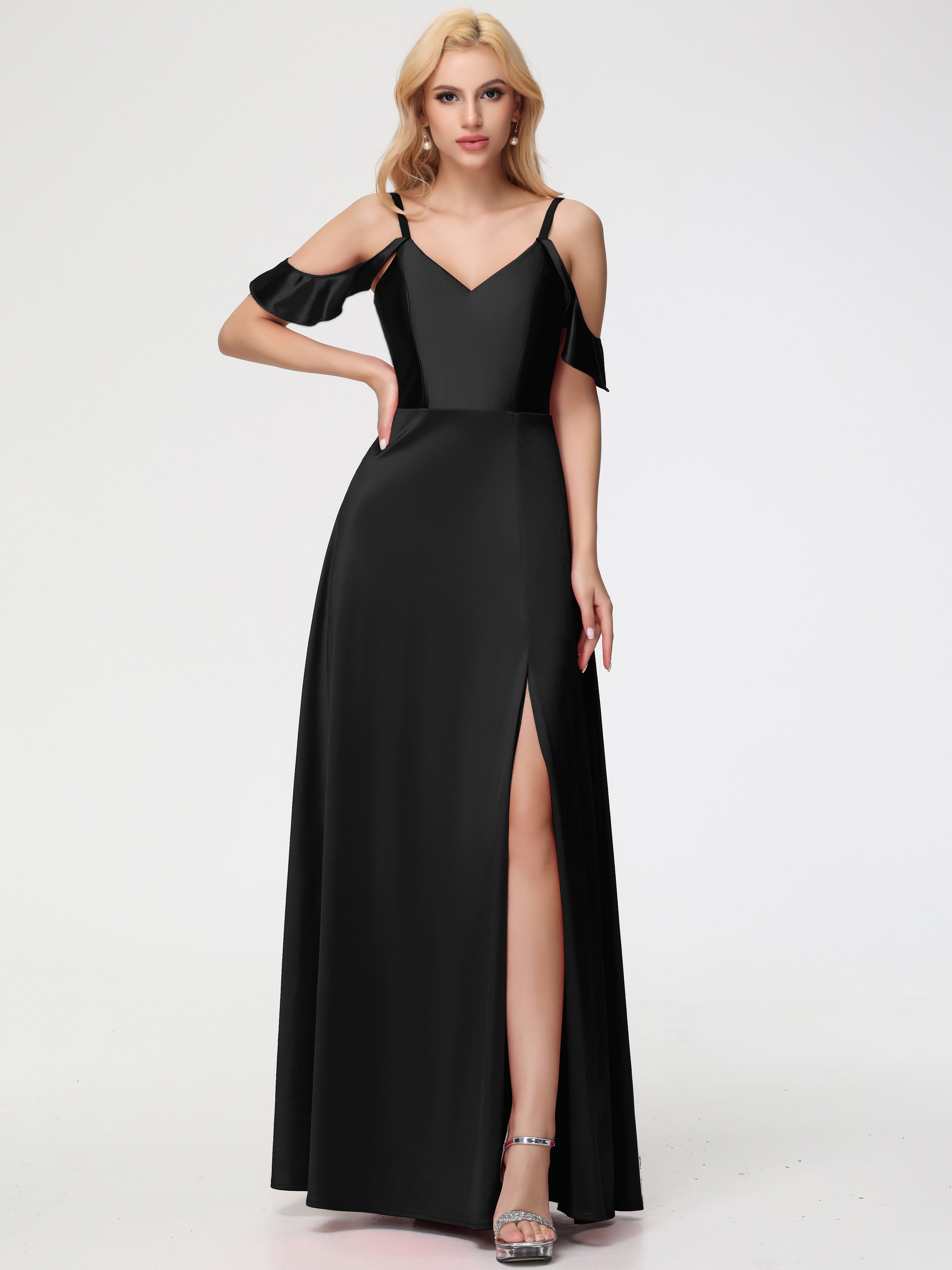Black Stretch Crepe Off The Shoulder Bridesmaid Dress A Line Off The Shoulder V-Neck Stretch Satin Bridesmaid Dress With Slit Black Stretch Crepe Off The Shoulder Bridesmaid Dress A Line Off The Shoulder V-Neck Stretch Satin Bridesmaid Dress With Slit