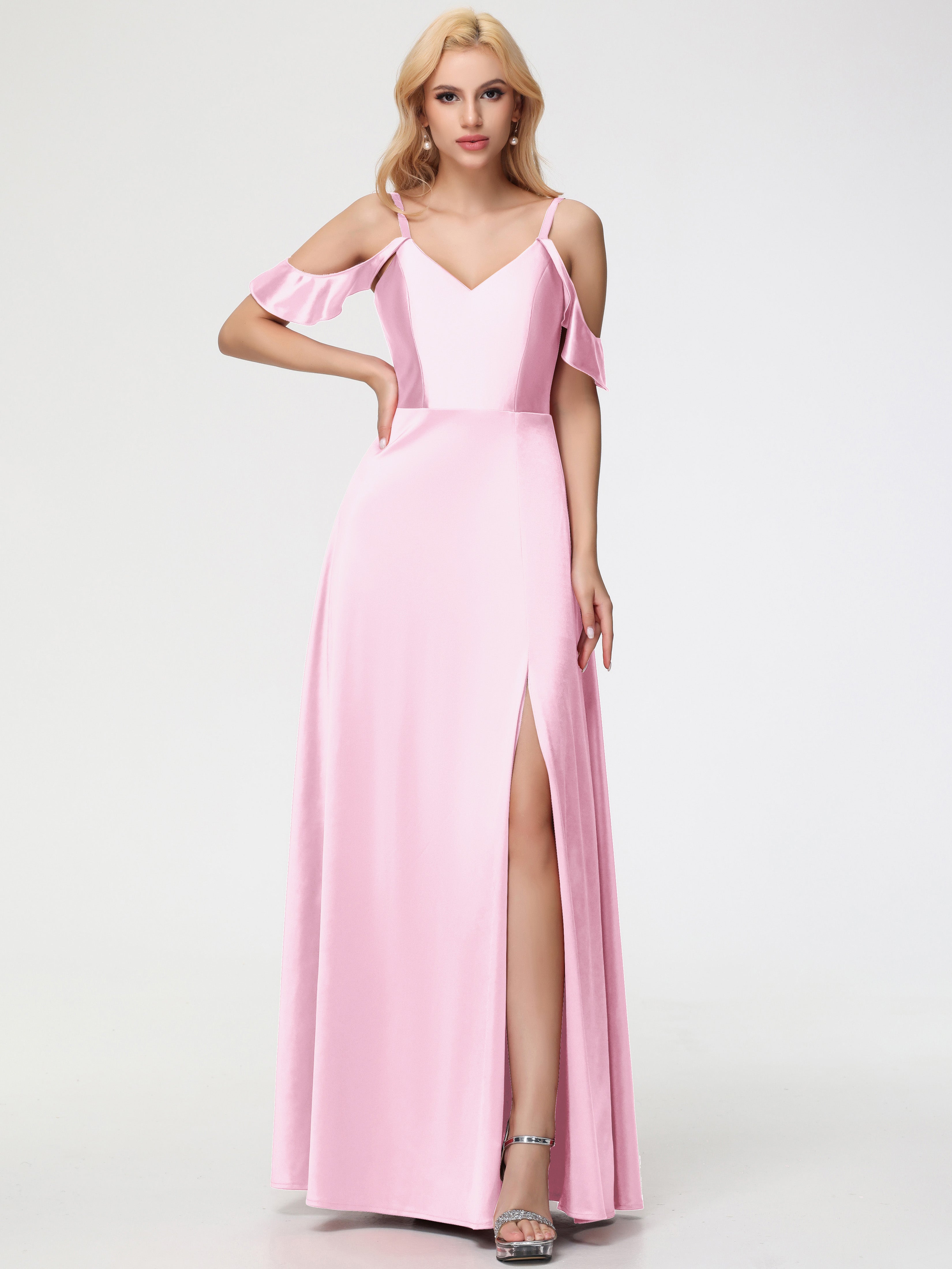 Prom Dresses Blush Pink A Line Off The Shoulder V-Neck Stretch Satin P Prom Dresses Blush Pink A Line Off The Shoulder V-Neck Stretch Satin P