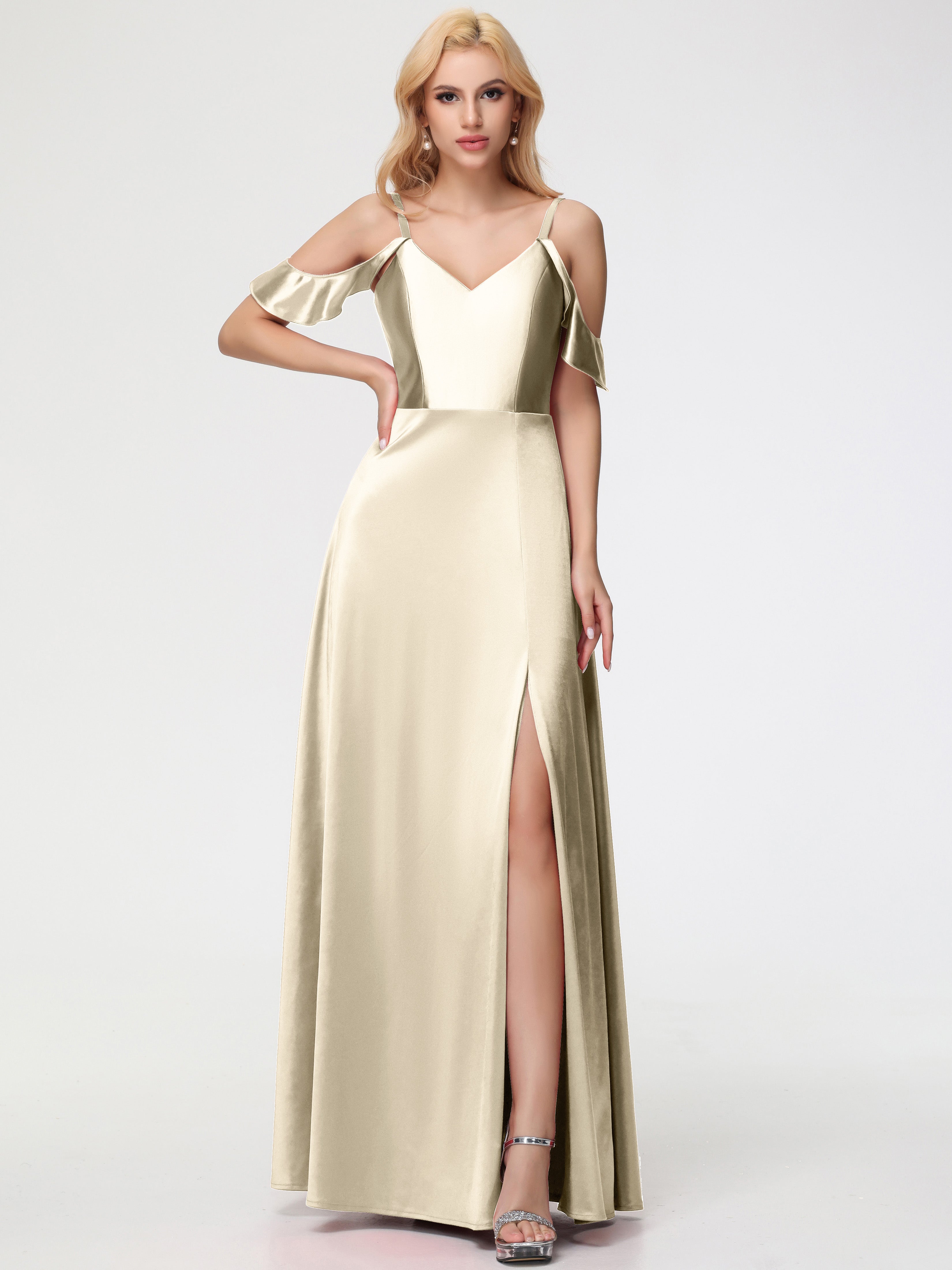 Silk Champagne Bridesmaid Dresses A Line Off The Shoulder V-Neck Stret Silk Champagne Bridesmaid Dresses A Line Off The Shoulder V-Neck Stret