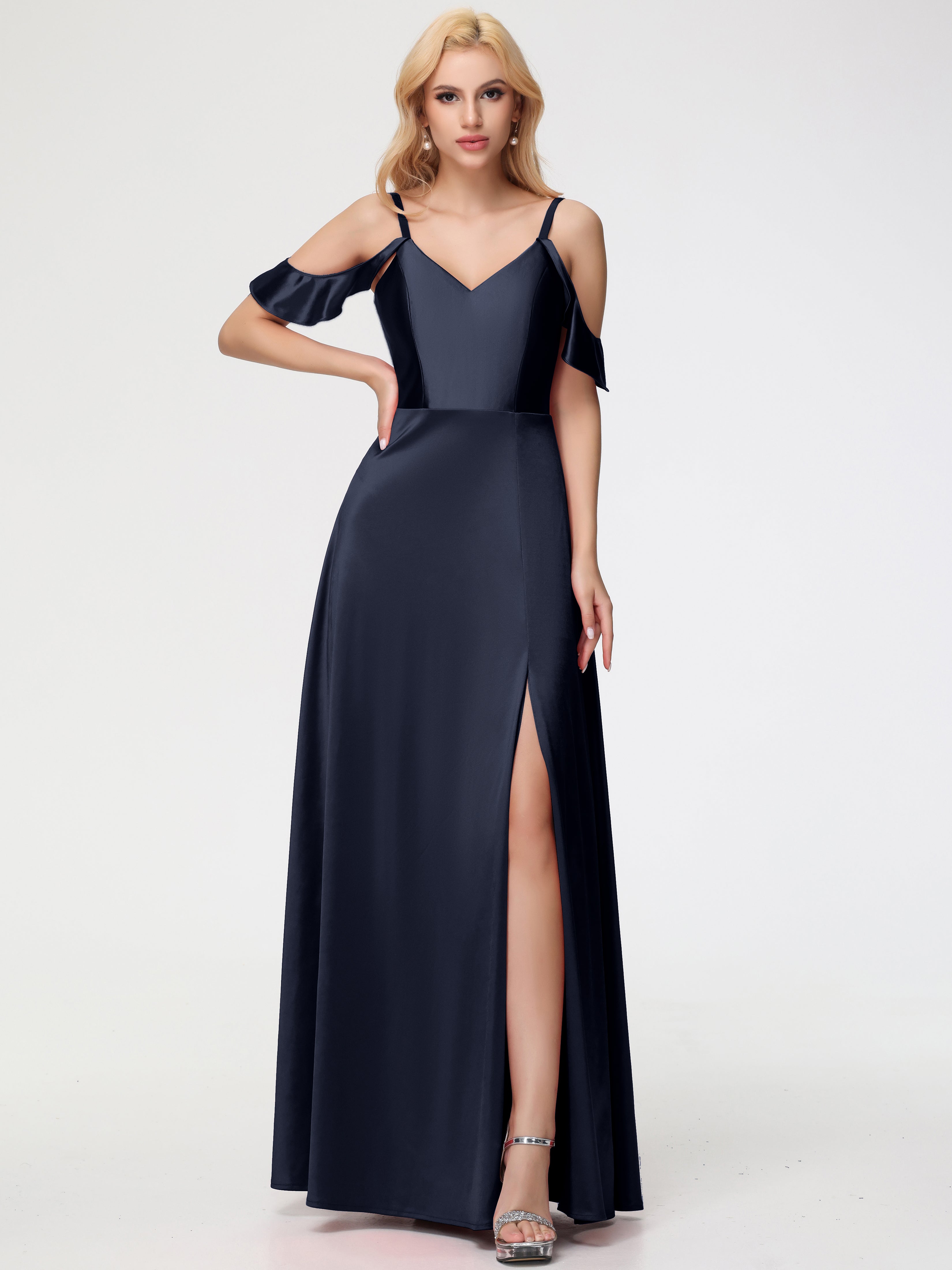 Dark Navy Blue Prom Dresses A Line Off The Shoulder V-Neck Stretch Sat Dark Navy Blue Prom Dresses A Line Off The Shoulder V-Neck Stretch Sat