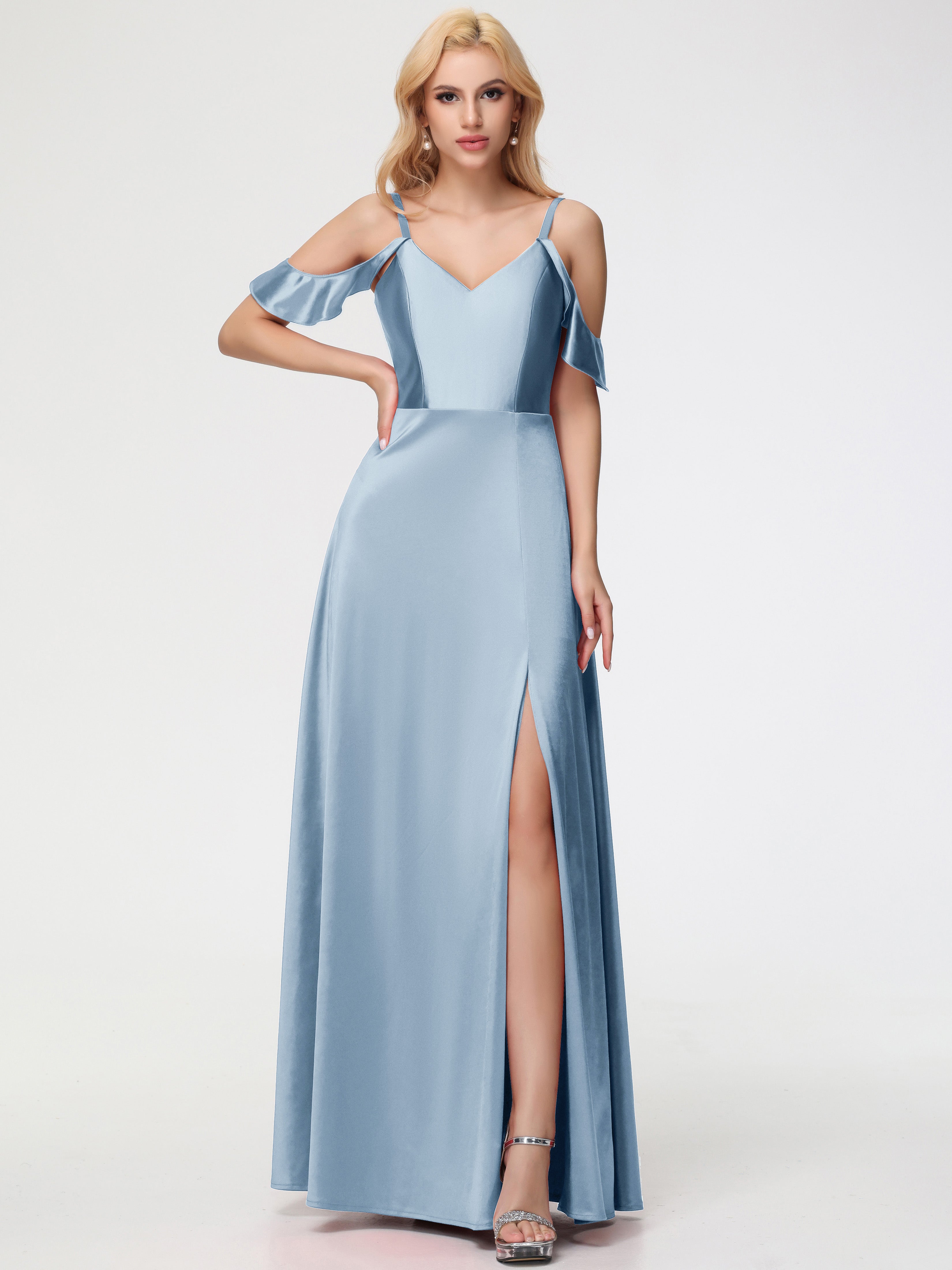 Multiway Prom Dress Dusty Blue A Line Off The Shoulder V-Neck Stretch