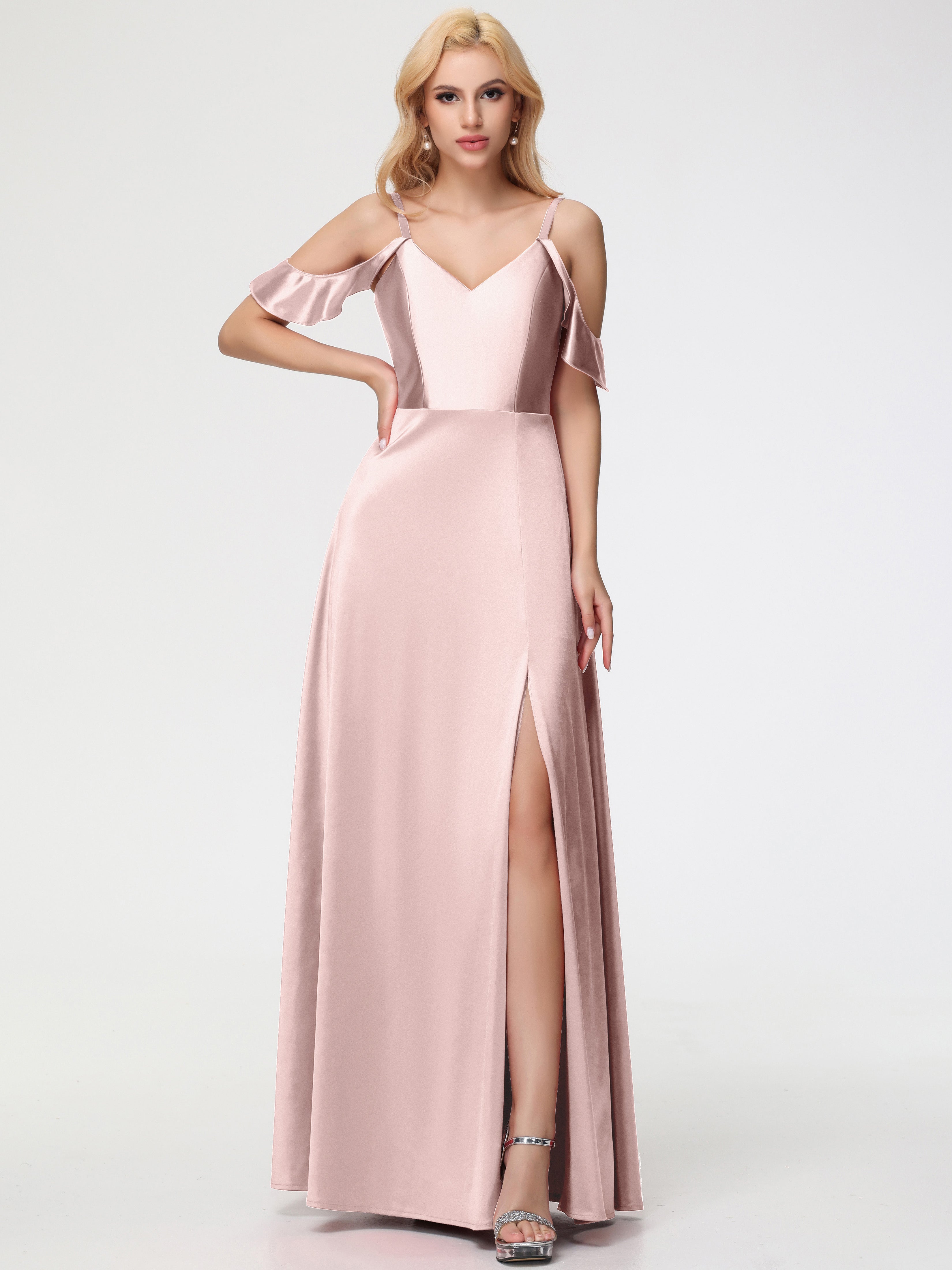 Dusty Rose Prom Dresses A Line Off The Shoulder V-Neck Stretch Satin P Dusty Rose Prom Dresses A Line Off The Shoulder V-Neck Stretch Satin P