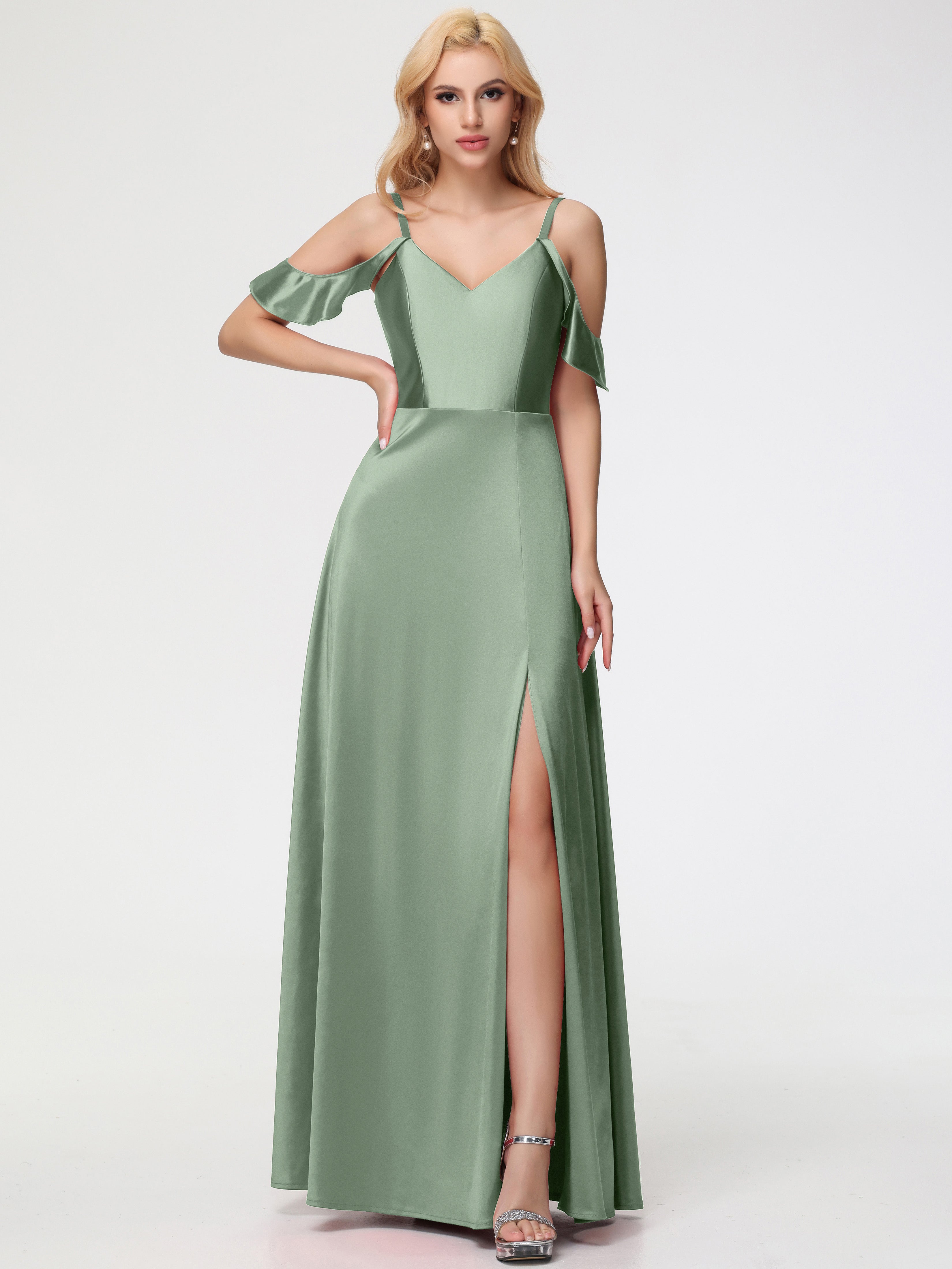 Prom Dress Dusty Sage A Line Off The Shoulder V-Neck Stretch Satin Pro Prom Dress Dusty Sage A Line Off The Shoulder V-Neck Stretch Satin Pro