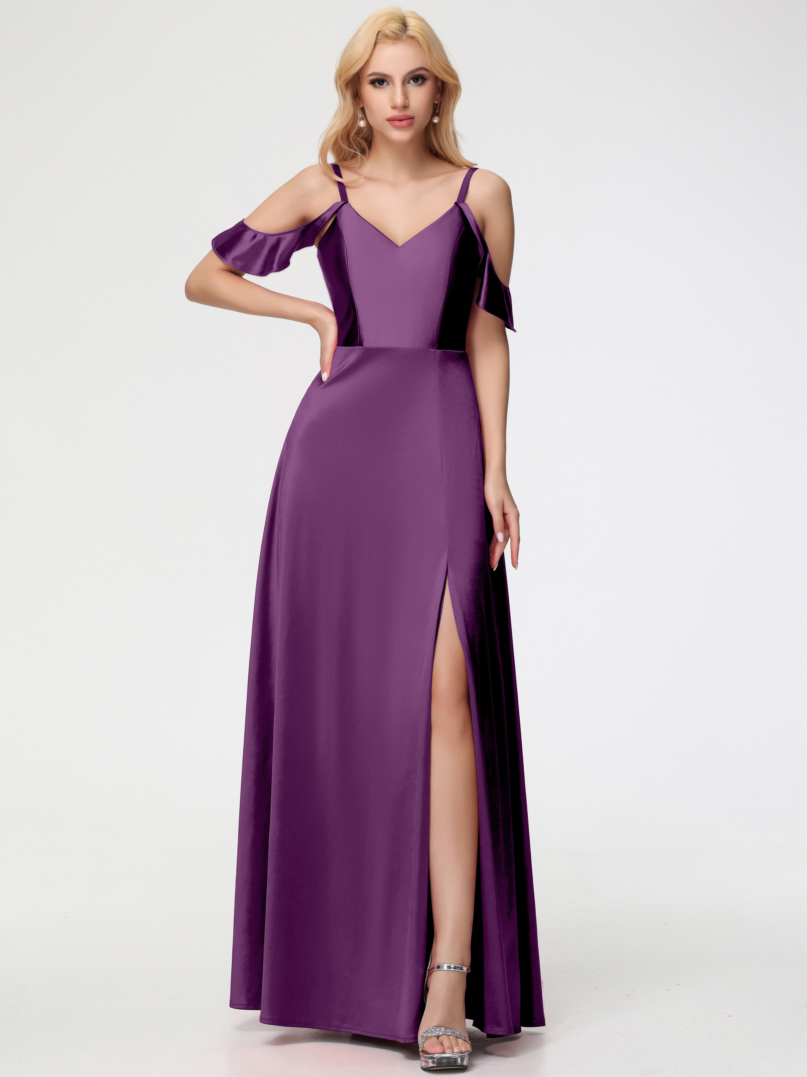 purple bridesmaid dresses off the shoulder Off-the-Shoulder Sheath Matte Satin Bridesmaid Dress in Lavender Grey, Lavender Grey / 0