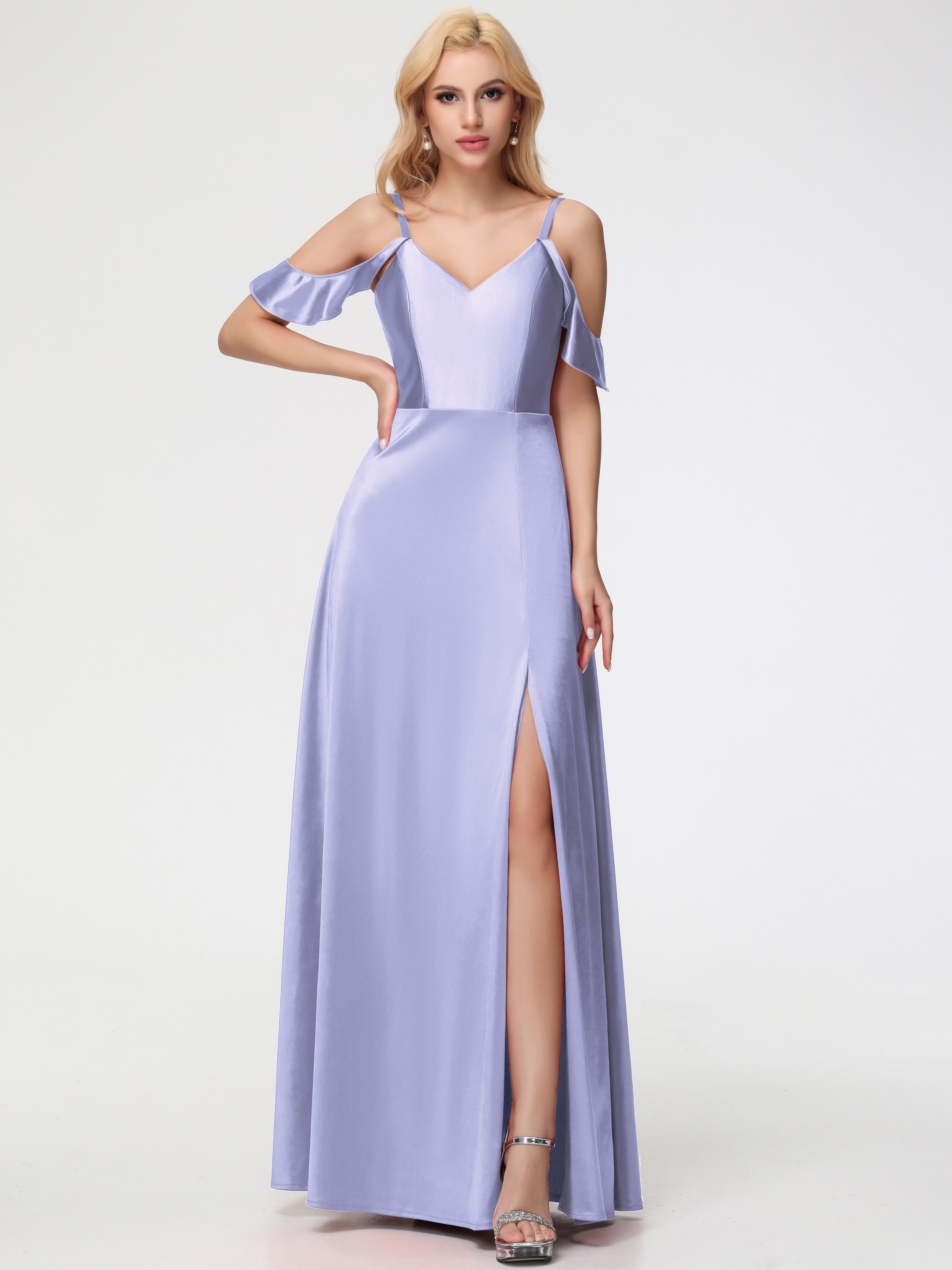 Lavender Prom Dresses Modest A Line Off The Shoulder V-Neck Stretch Sa Lavender Prom Dresses Modest A Line Off The Shoulder V-Neck Stretch Sa