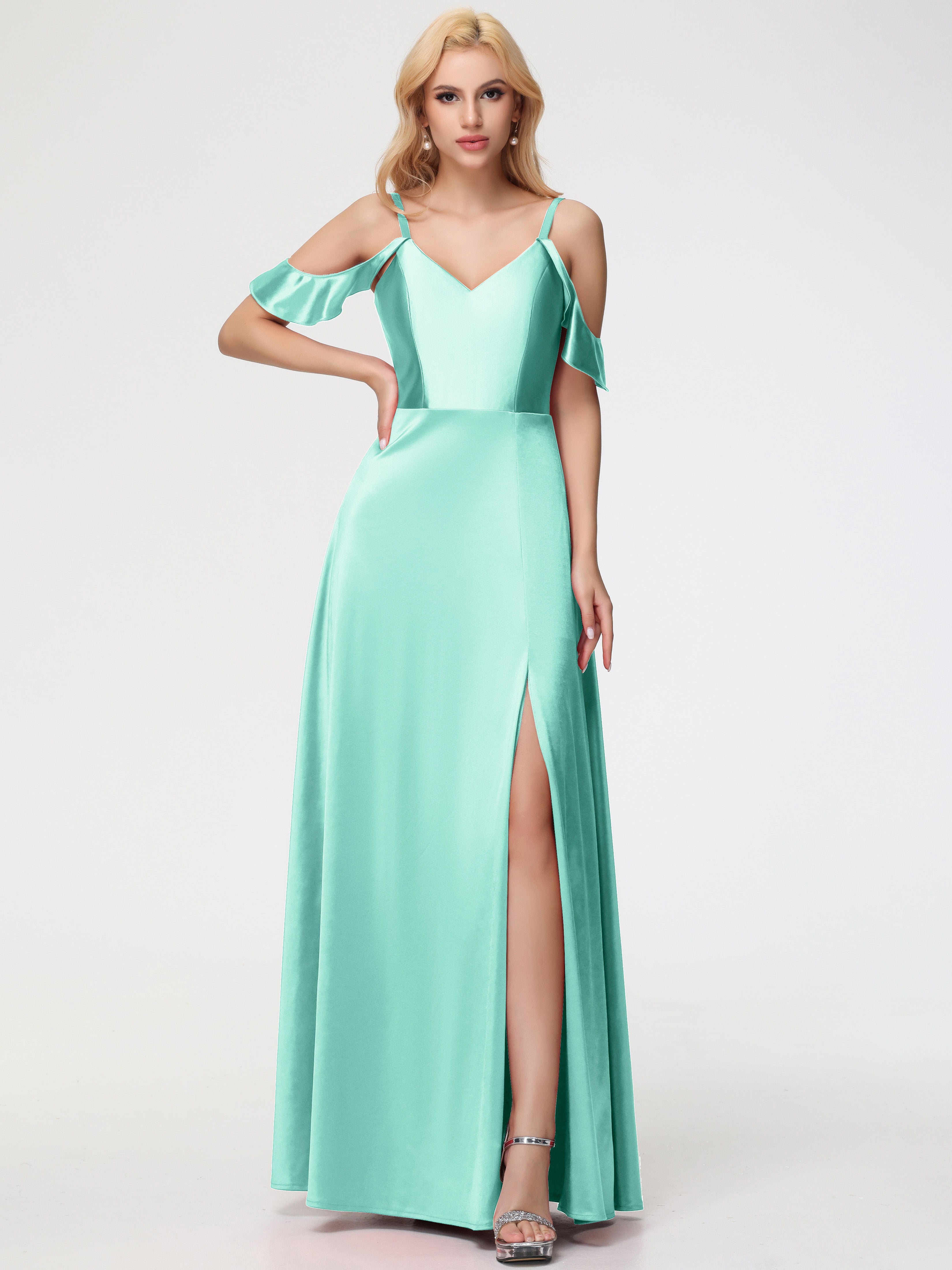 Mint Green Dress Prom A Line Off The Shoulder V-Neck Stretch Satin Prom Dress With Slit