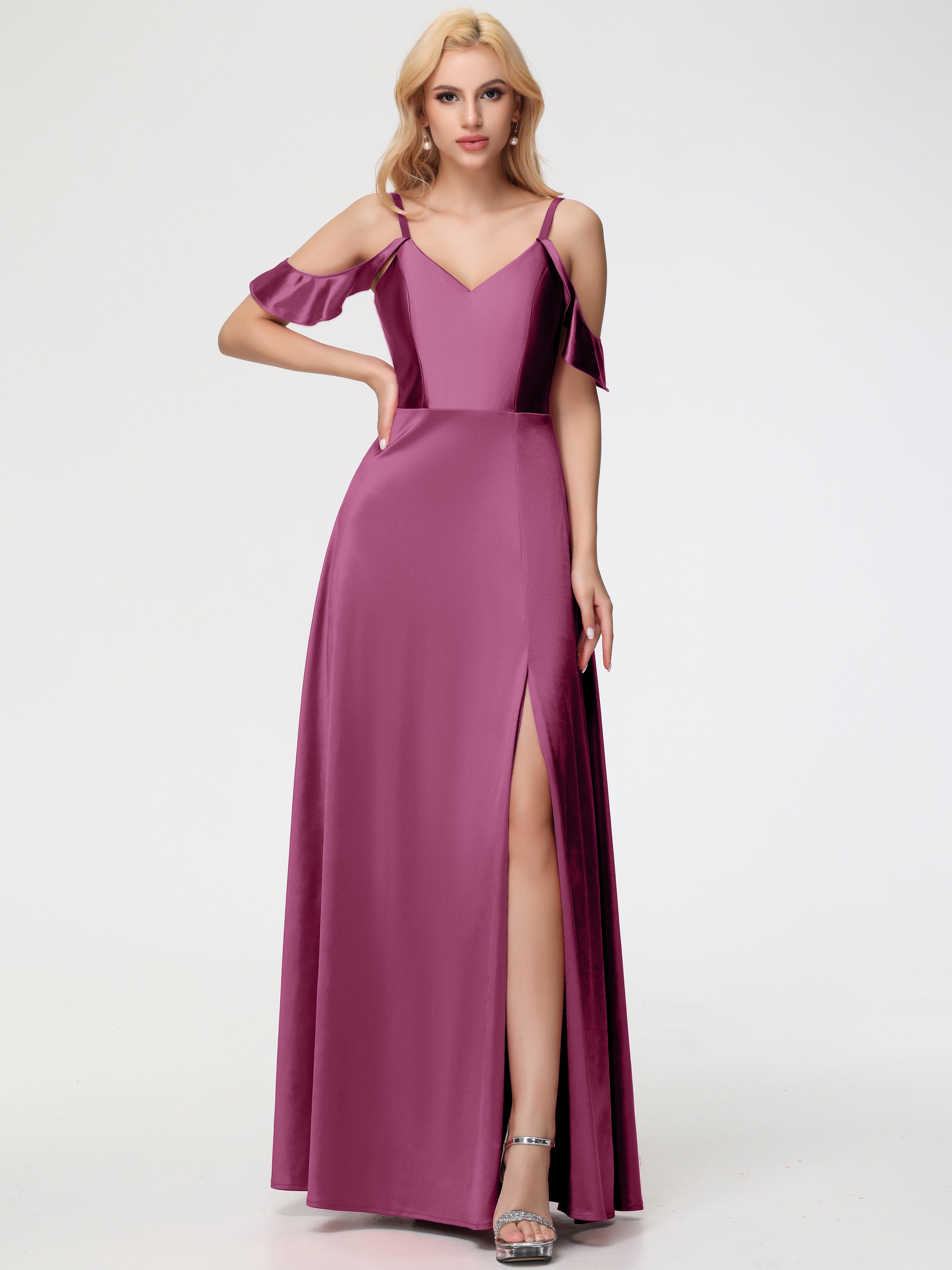 mulberry bridesmaid dresses Spaghetti Straps V-Neck Pleated Open Back Stretch Satin Bridesmaid Dress With Slit Available in sizes 030 with free custom sizing Mulberry Bridesmaid Dress A Line