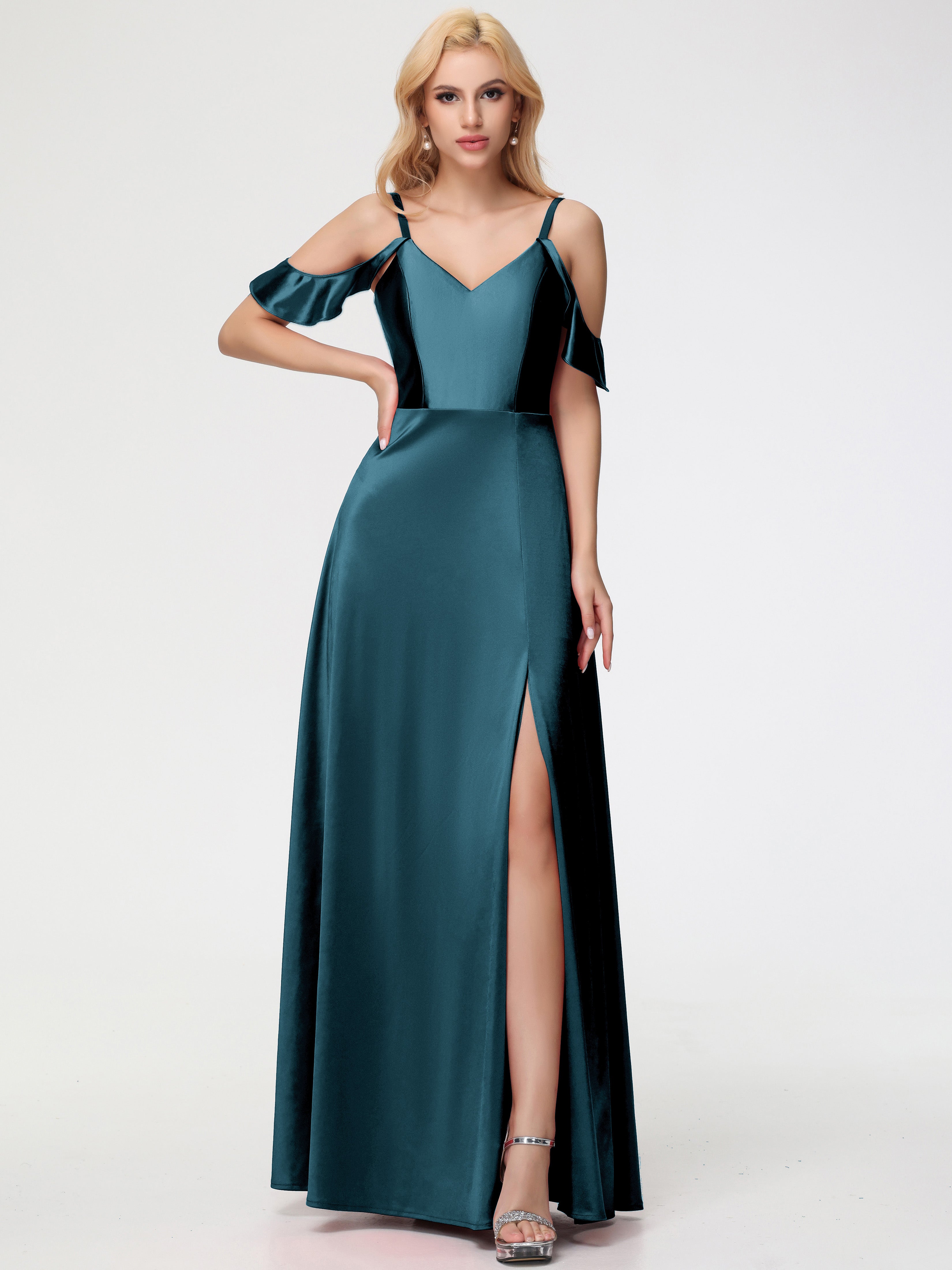 Peacock Bridesmaids A Line Off The Shoulder V-Neck Stretch Satin Bridesmaid Dress With Slit Peacock Bridesmaids A Line Off The Shoulder V-Neck Stretch Satin Bridesmaid Dress With Slit