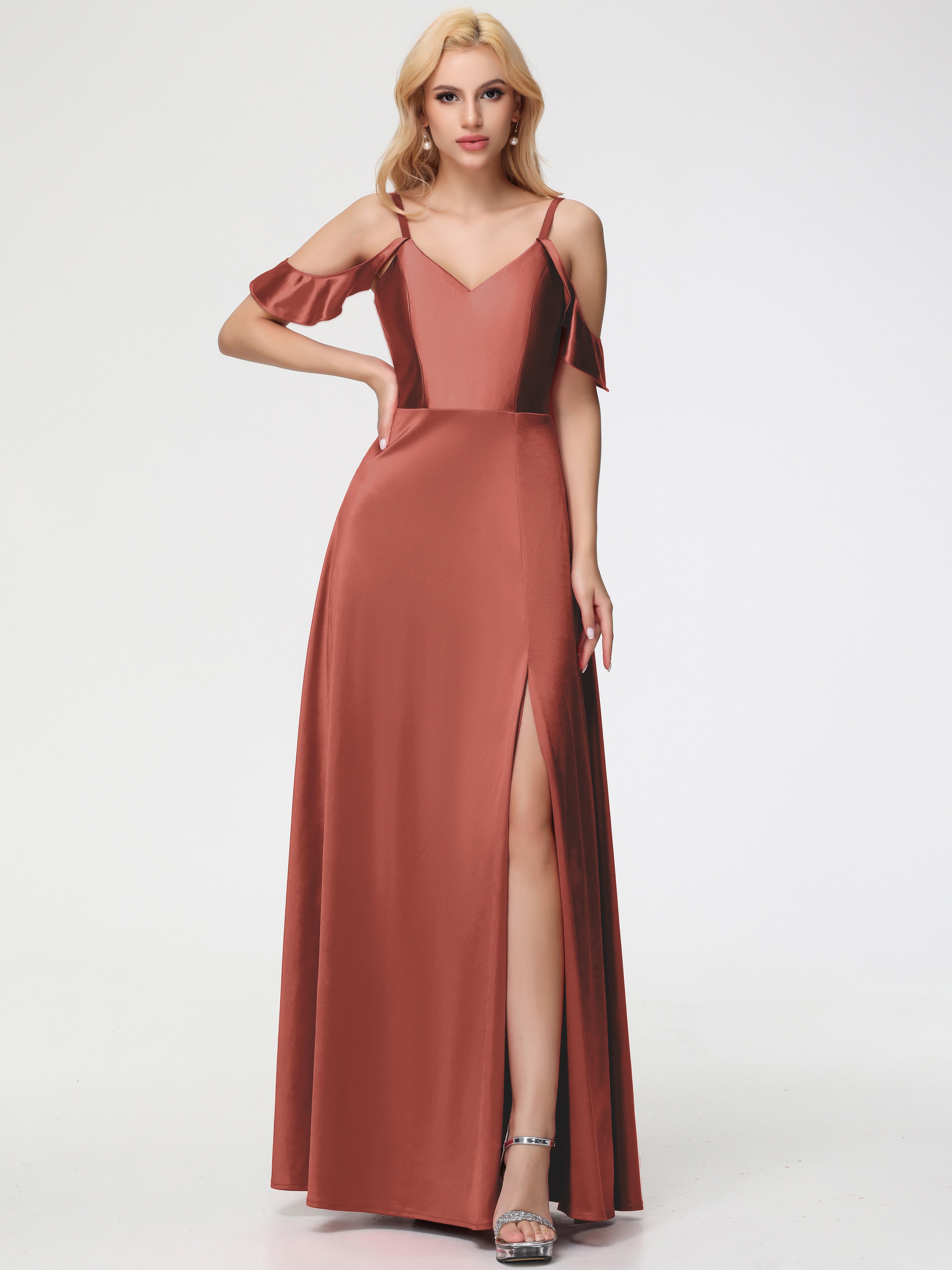 Rust Coloured Formal Dress A Line Off The Shoulder V-Neck Stretch Satin Formal Dress With Slit