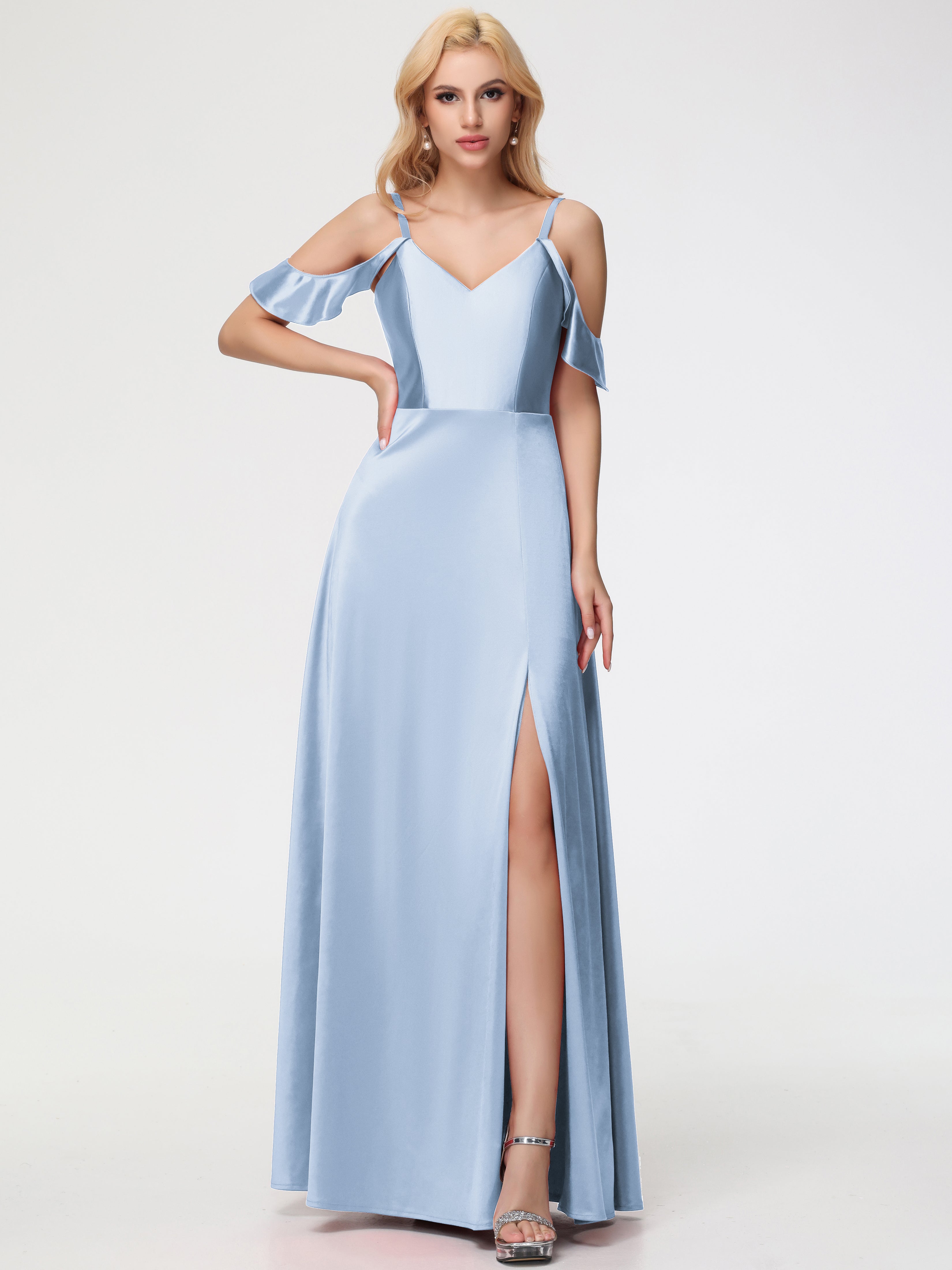 Sky Blue Prom Dresses A Line Off The Shoulder V-Neck Stretch Satin Pro