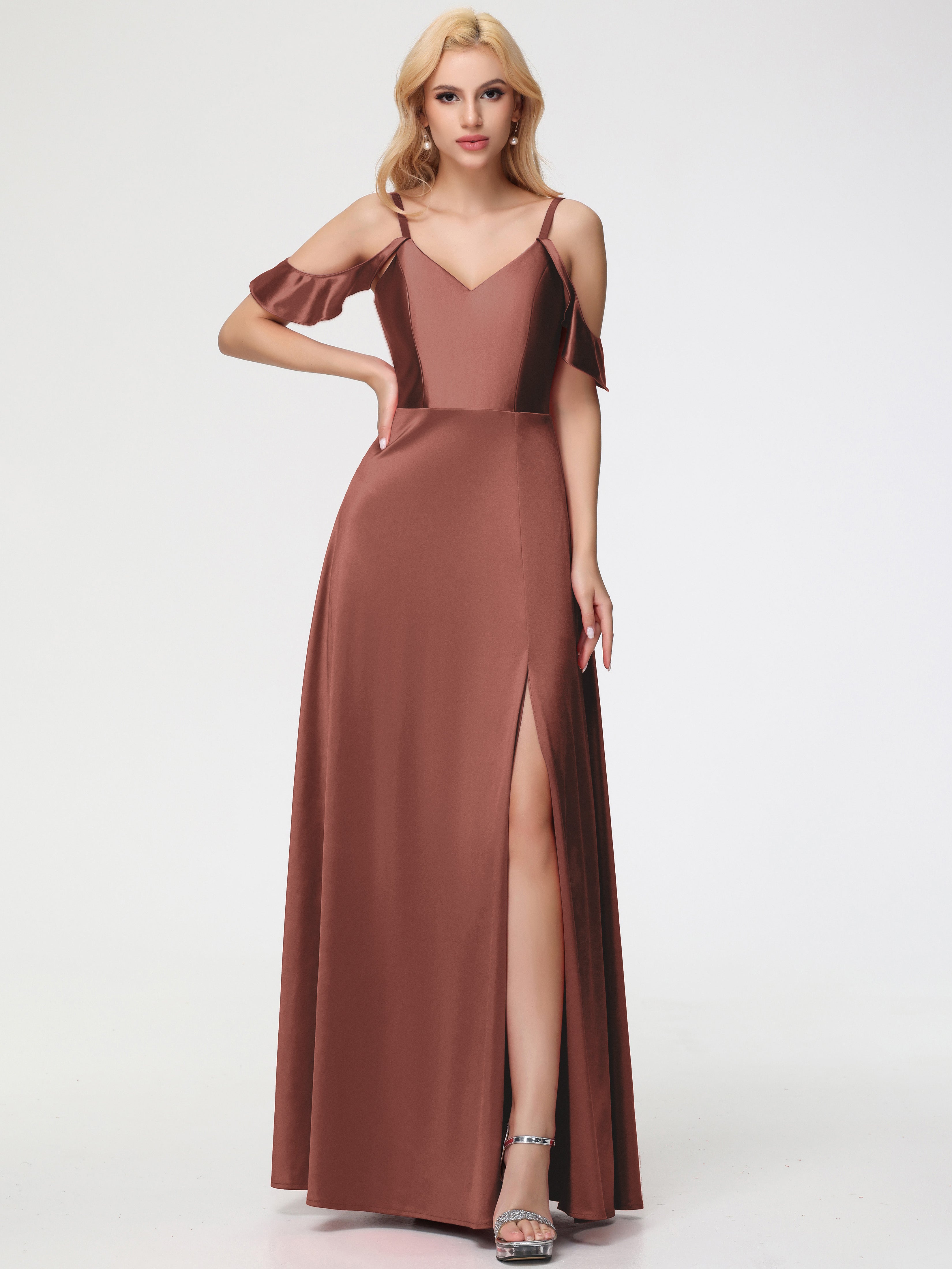 Terracotta Stretch Satin Formal Dresses A Line Off The Shoulder V-Neck Stretch Satin Formal Dress With Slit Terracotta Stretch Satin Formal Dresses A Line Off The Shoulder V-Neck Stretch Satin Formal Dress With Slit