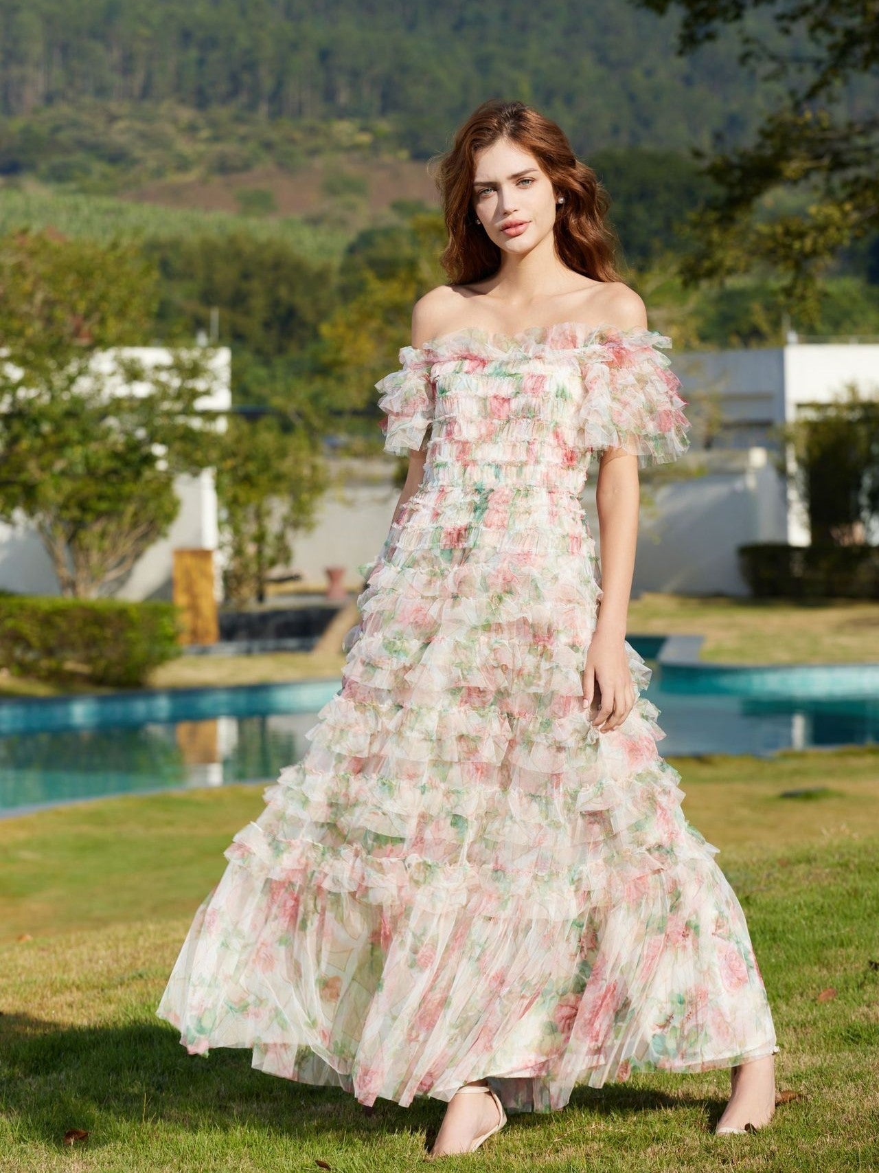 Romantic Ruffle Off the Shoulder Floral Tulle Bridesmaid Dresses Romantic Ruffle Off the Shoulder Floral Tulle Bridesmaid Dresses