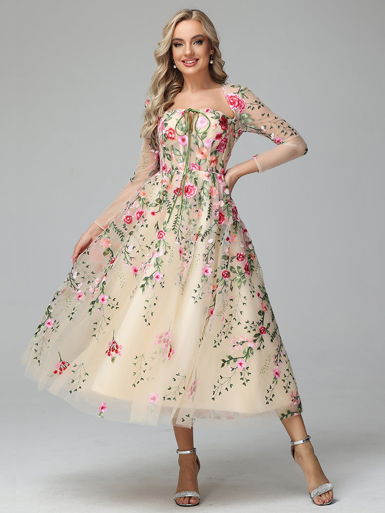 Long Sleeves Floral Lace Tea Length Mother of the Bride Dress