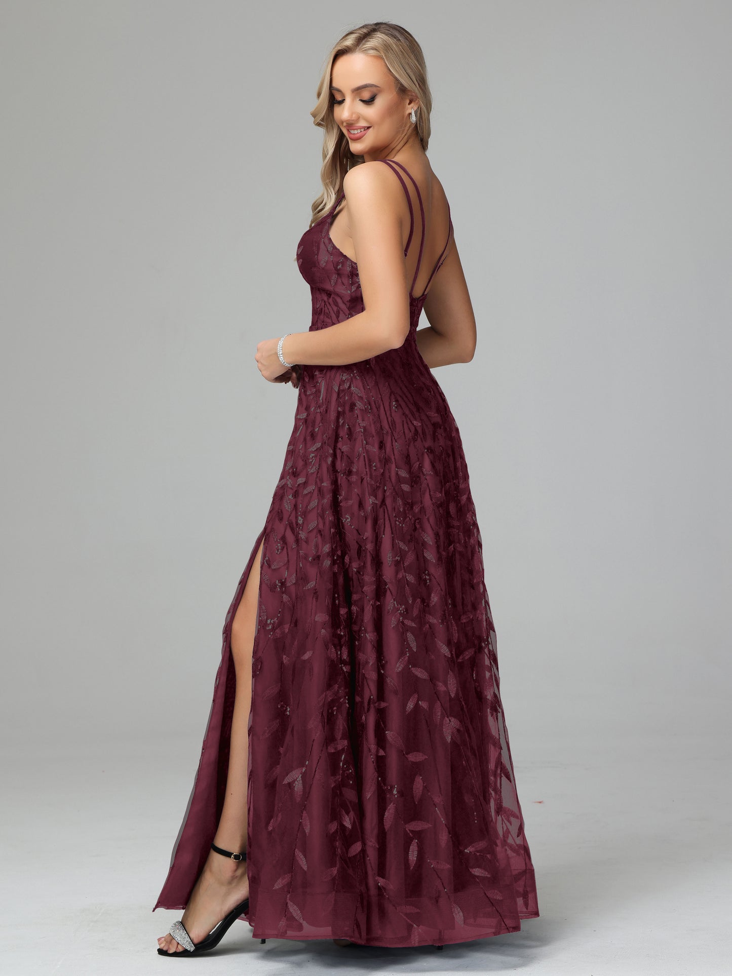 V Neck Spaghetti Straps Lace Appliques Prom Dresses