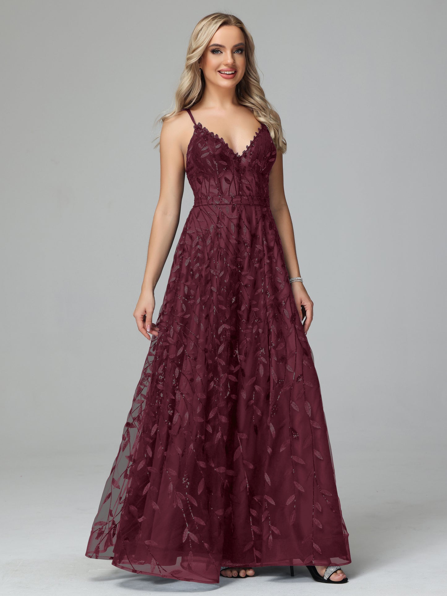 V Neck Spaghetti Straps Lace Appliques Prom Dresses