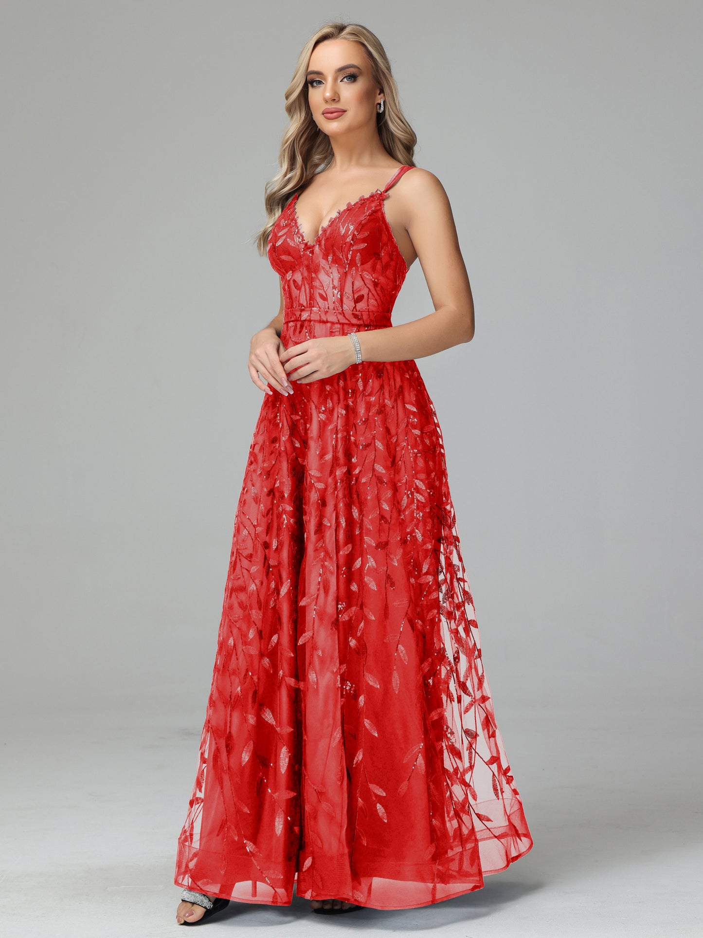 V Neck Spaghetti Straps Lace Appliques Prom Dresses