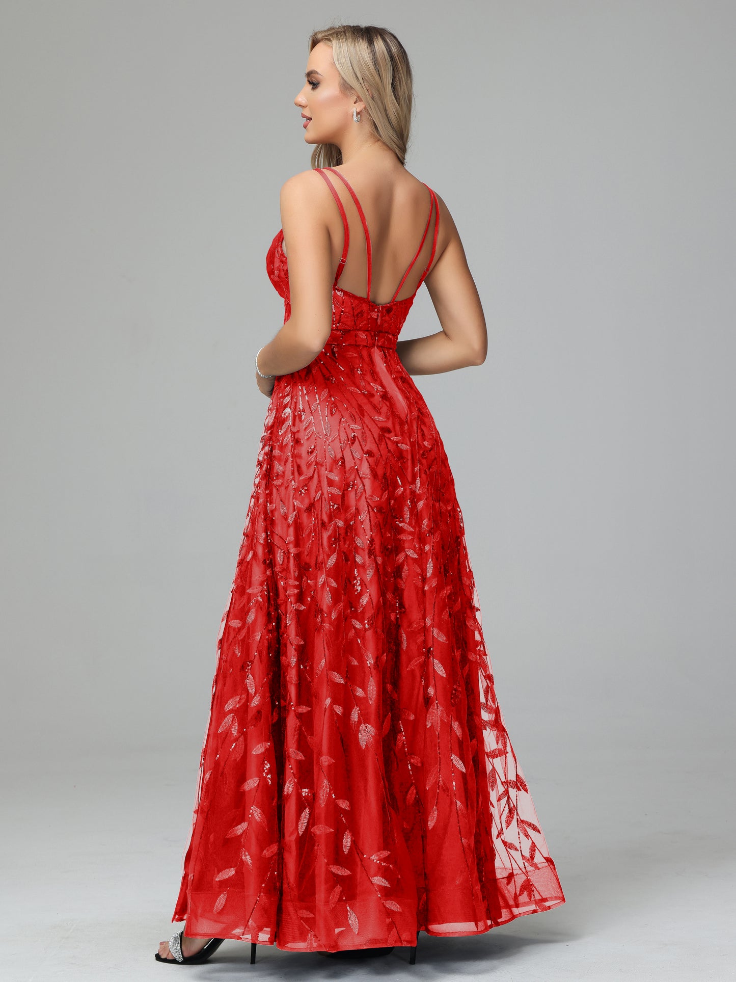 V Neck Spaghetti Straps Lace Appliques Prom Dresses