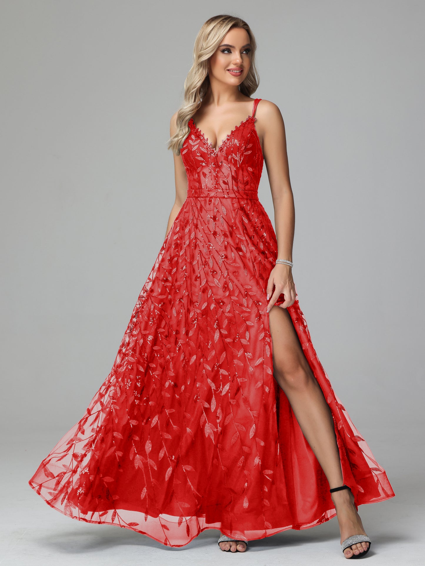 V Neck Spaghetti Straps Lace Appliques Prom Dresses