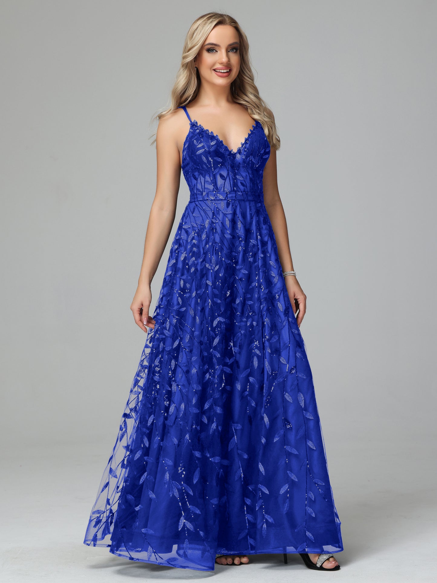 V Neck Spaghetti Straps Lace Appliques Prom Dresses