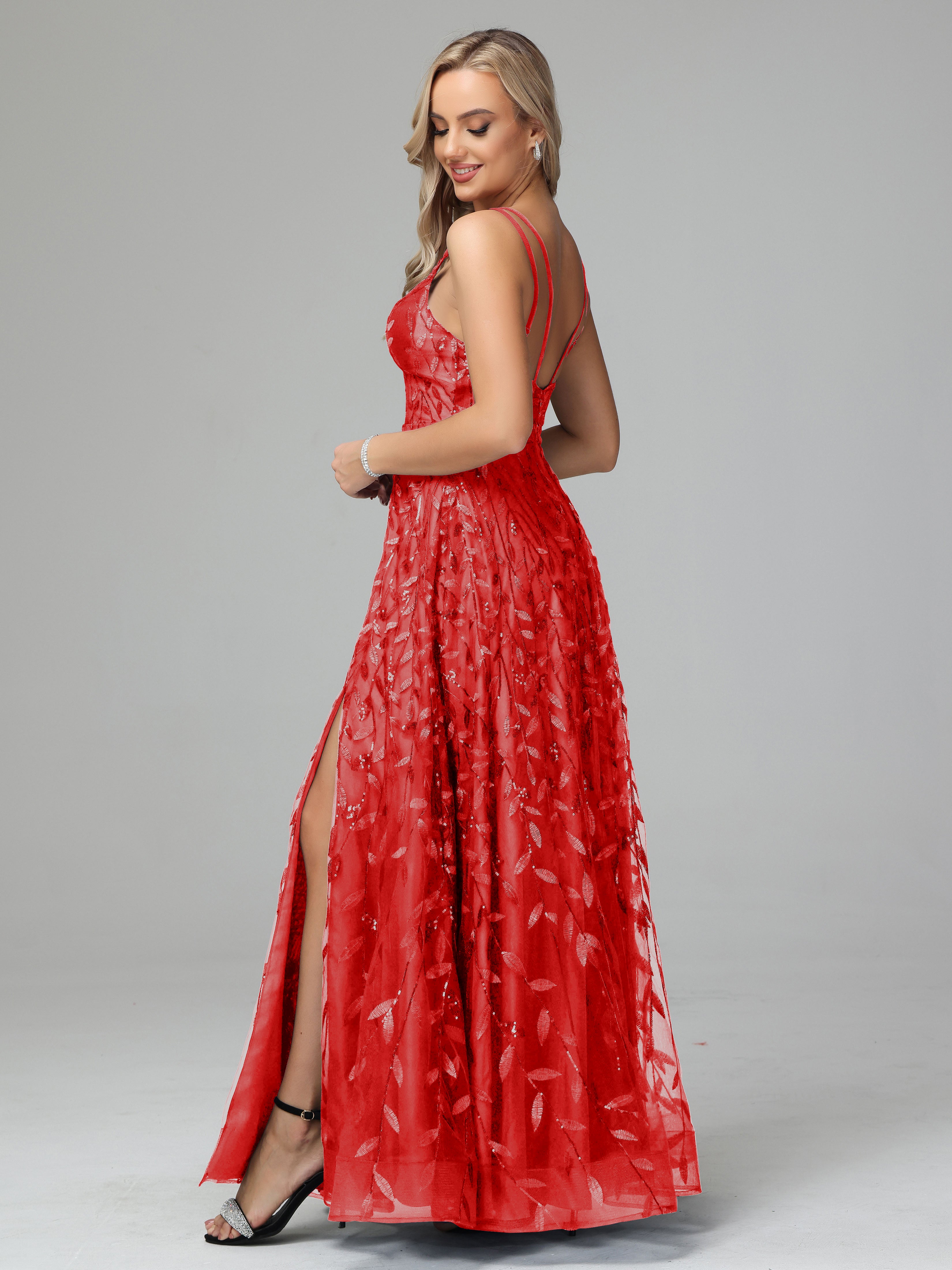 V Neck Spaghetti Straps Lace Appliques Prom Dresses