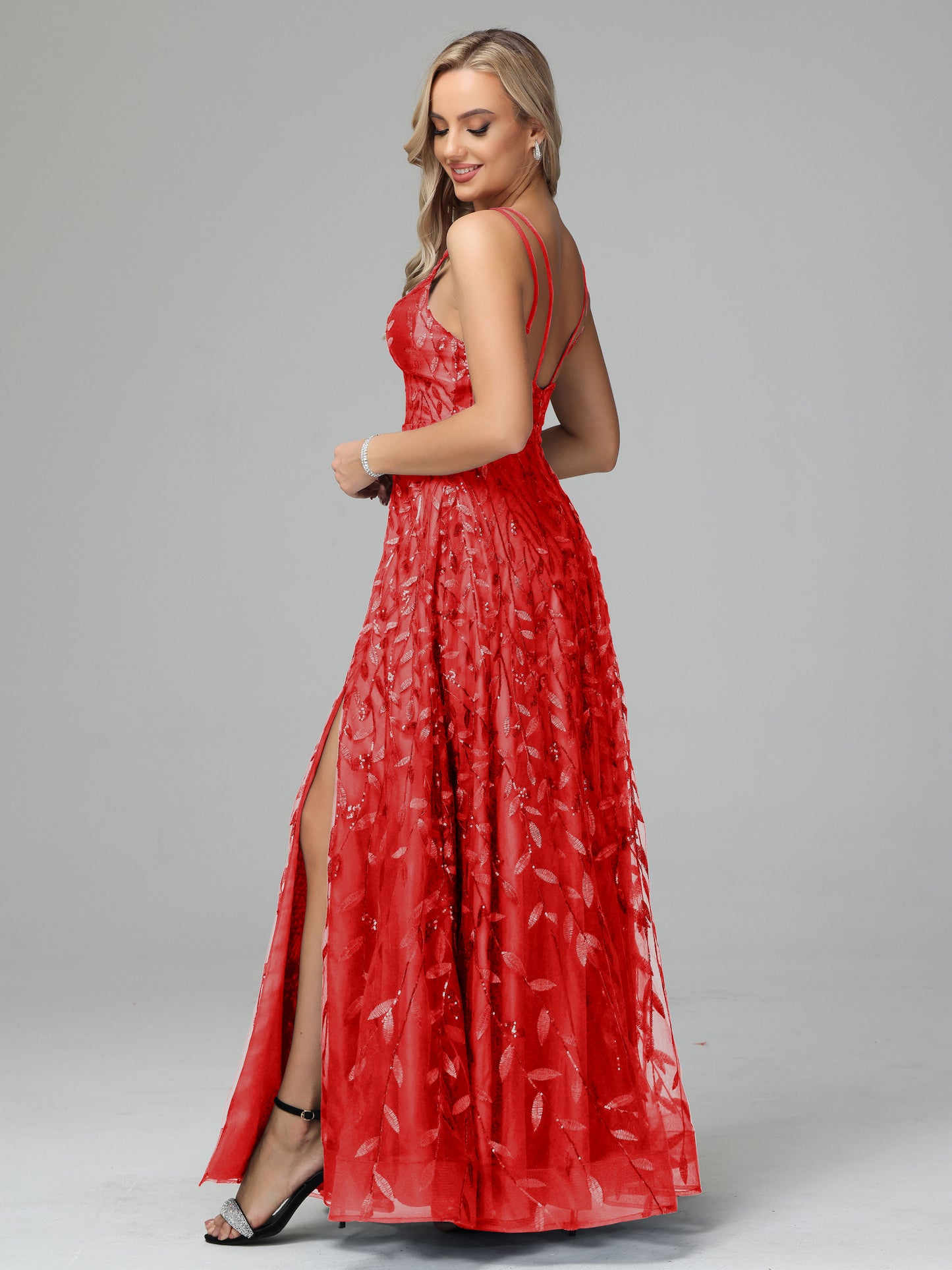 V Neck Spaghetti Straps Lace Appliques Prom Dresses