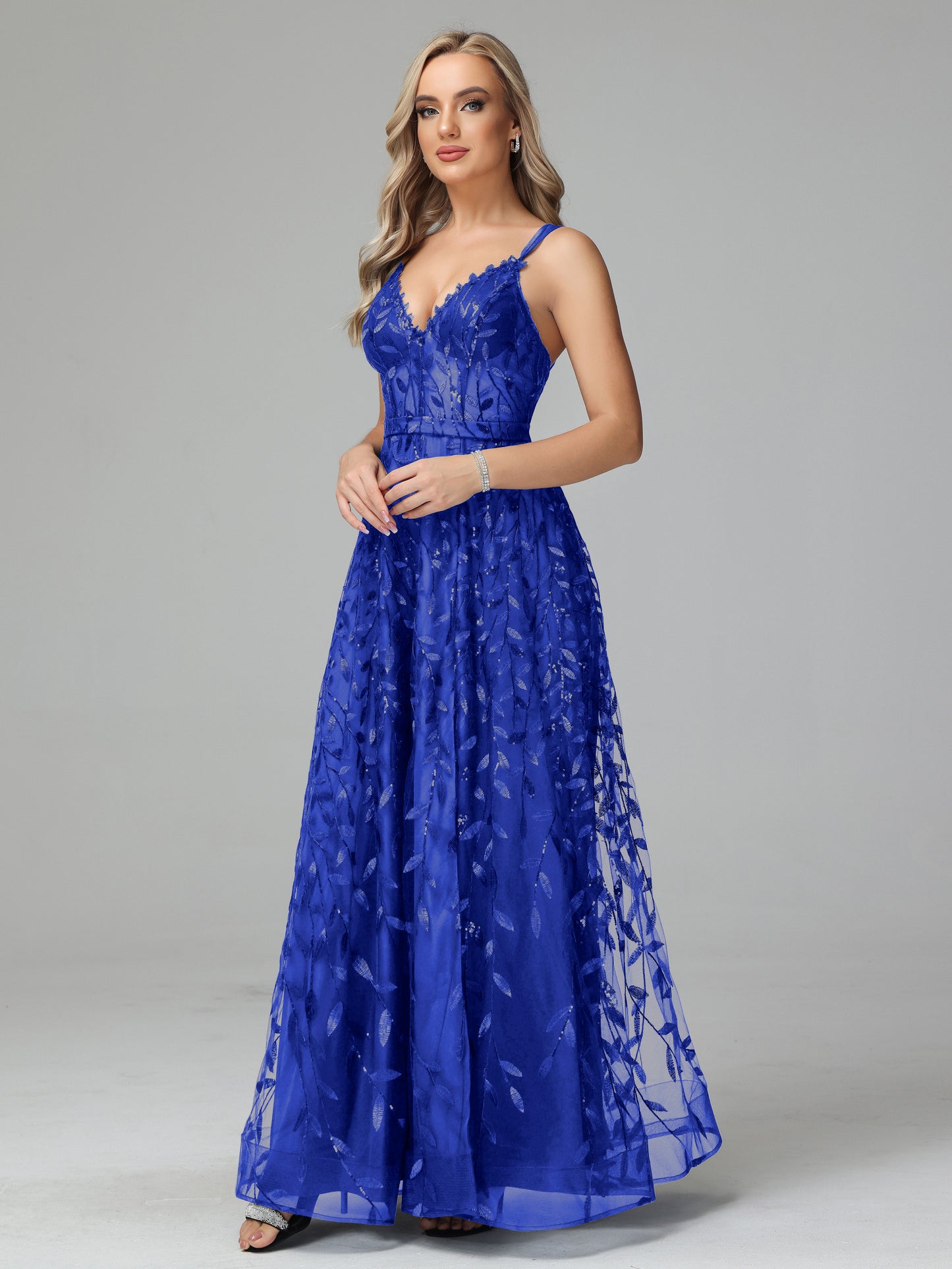 V Neck Spaghetti Straps Lace Appliques Prom Dresses