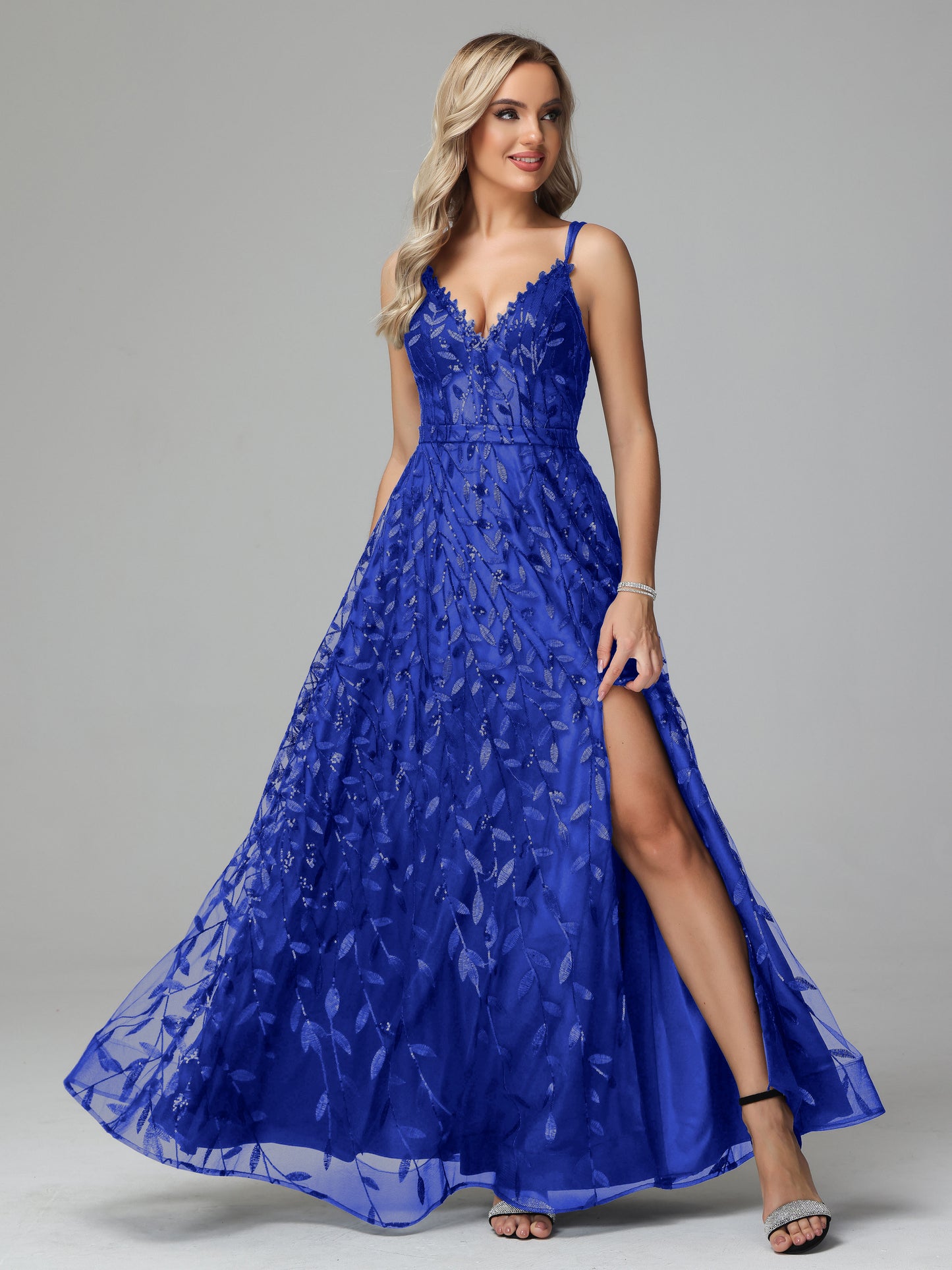 V Neck Spaghetti Straps Lace Appliques Prom Dresses