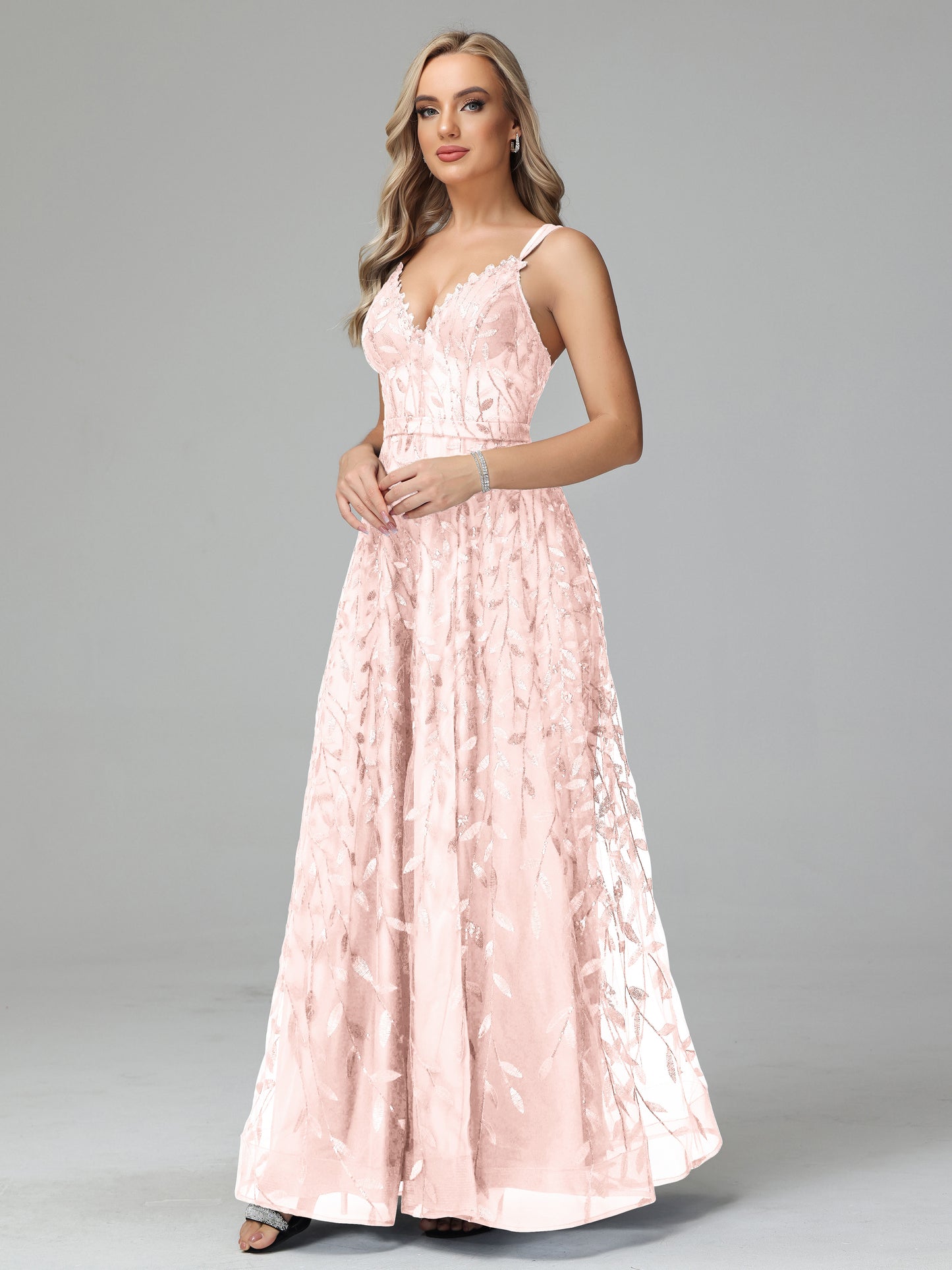 V Neck Spaghetti Straps Lace Appliques Prom Dresses